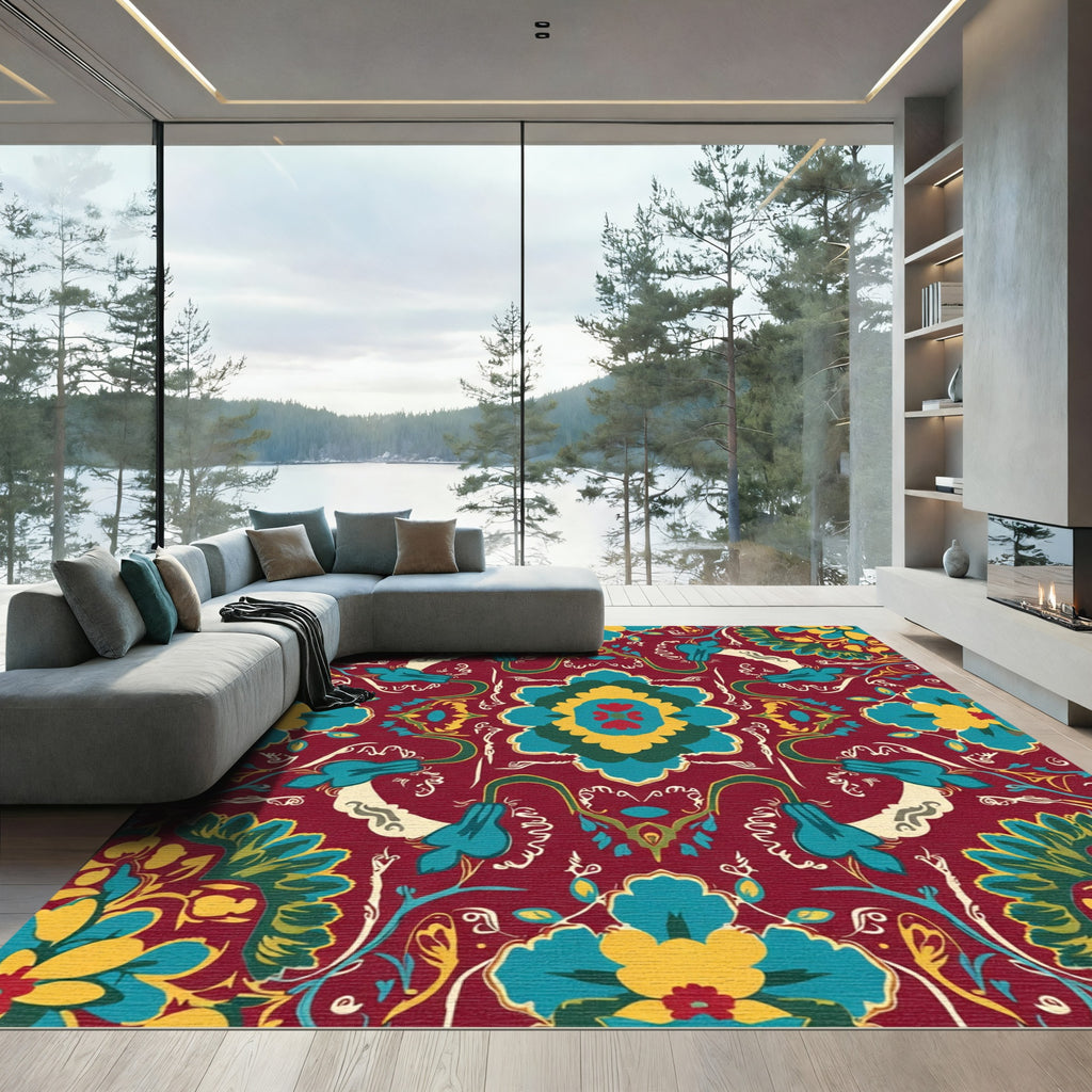 Rich Crimson Teal Floral Medallion Rug