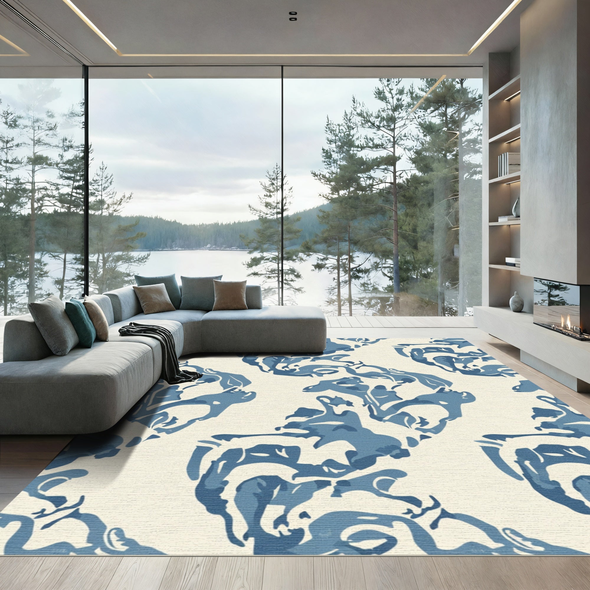 Abstract Ivory Blue Organic Swirl Rug