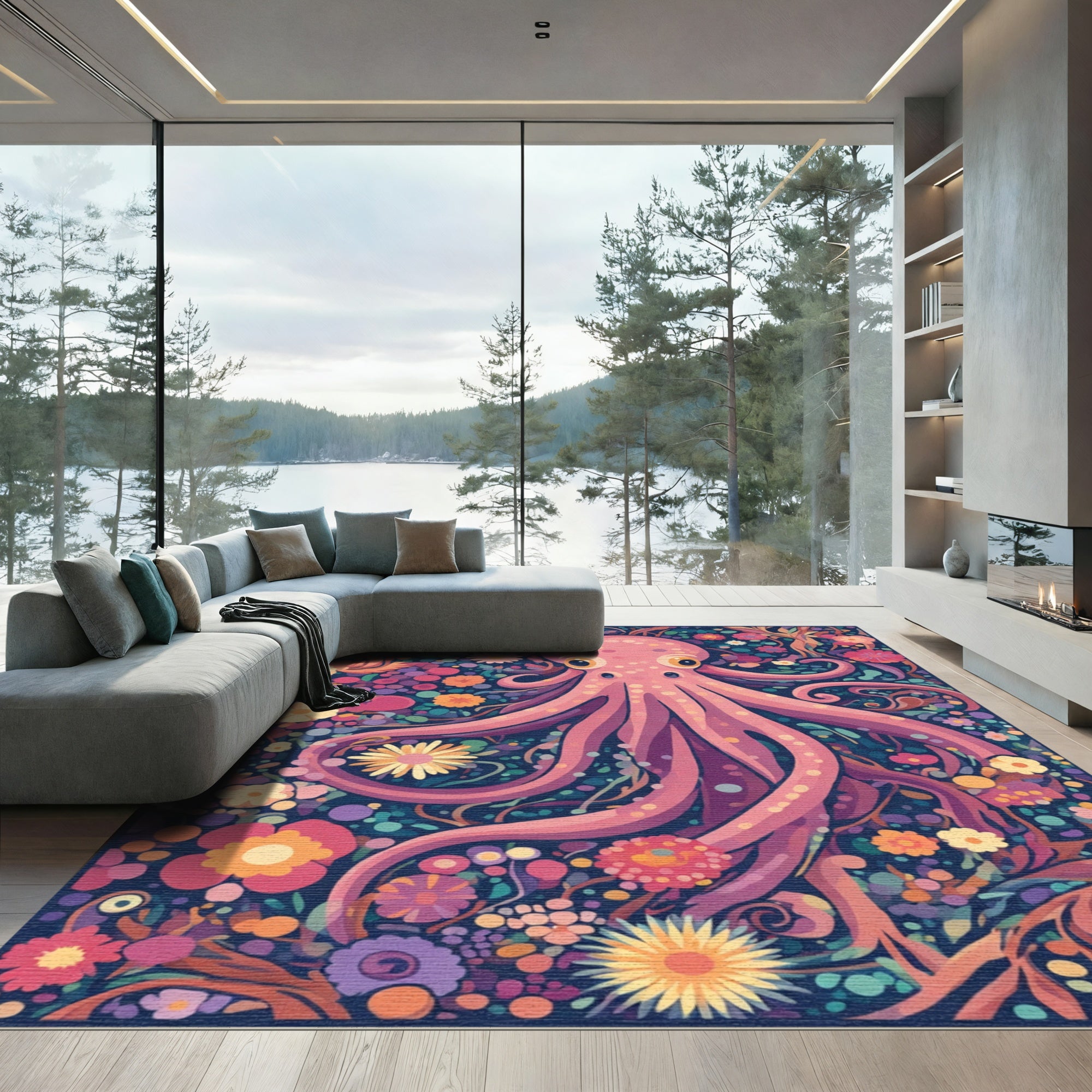 Whimsical Pink Octopus Floral Garden Rug