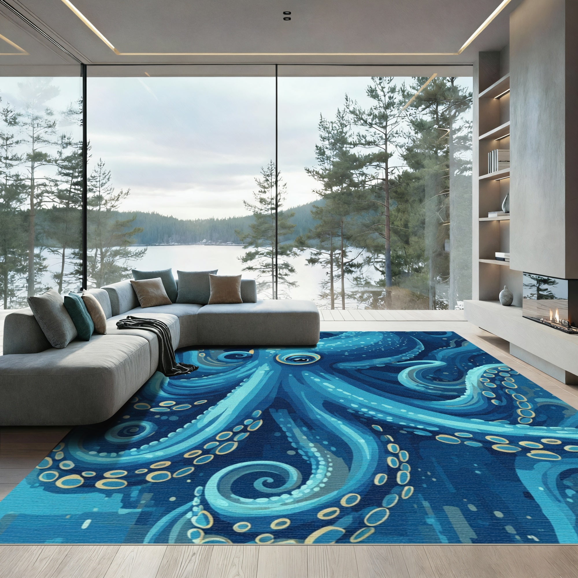 Deep Blue Octopus Swirl Ocean Rug