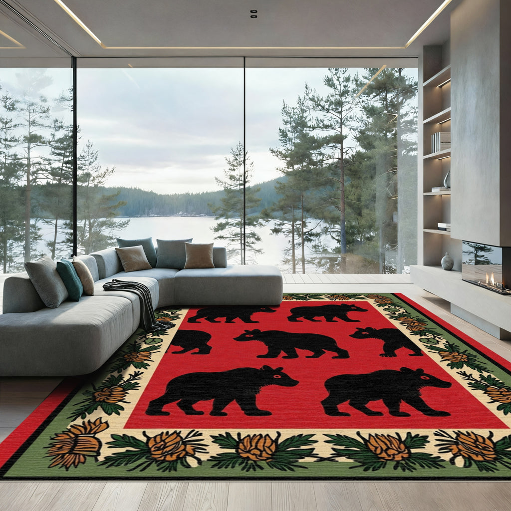 Red Black Bear Floral Border Rug