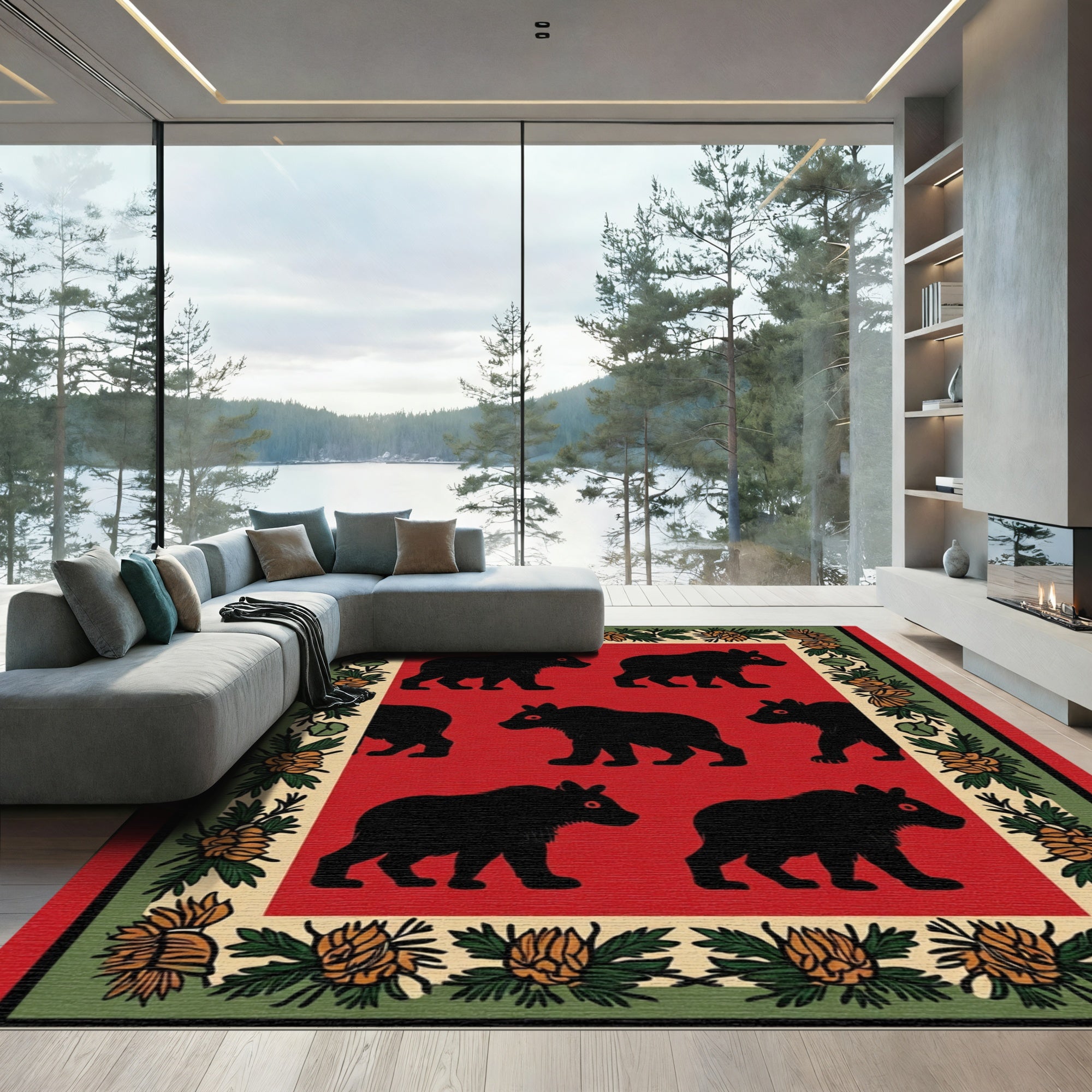 Red Black Bear Floral Border Rug