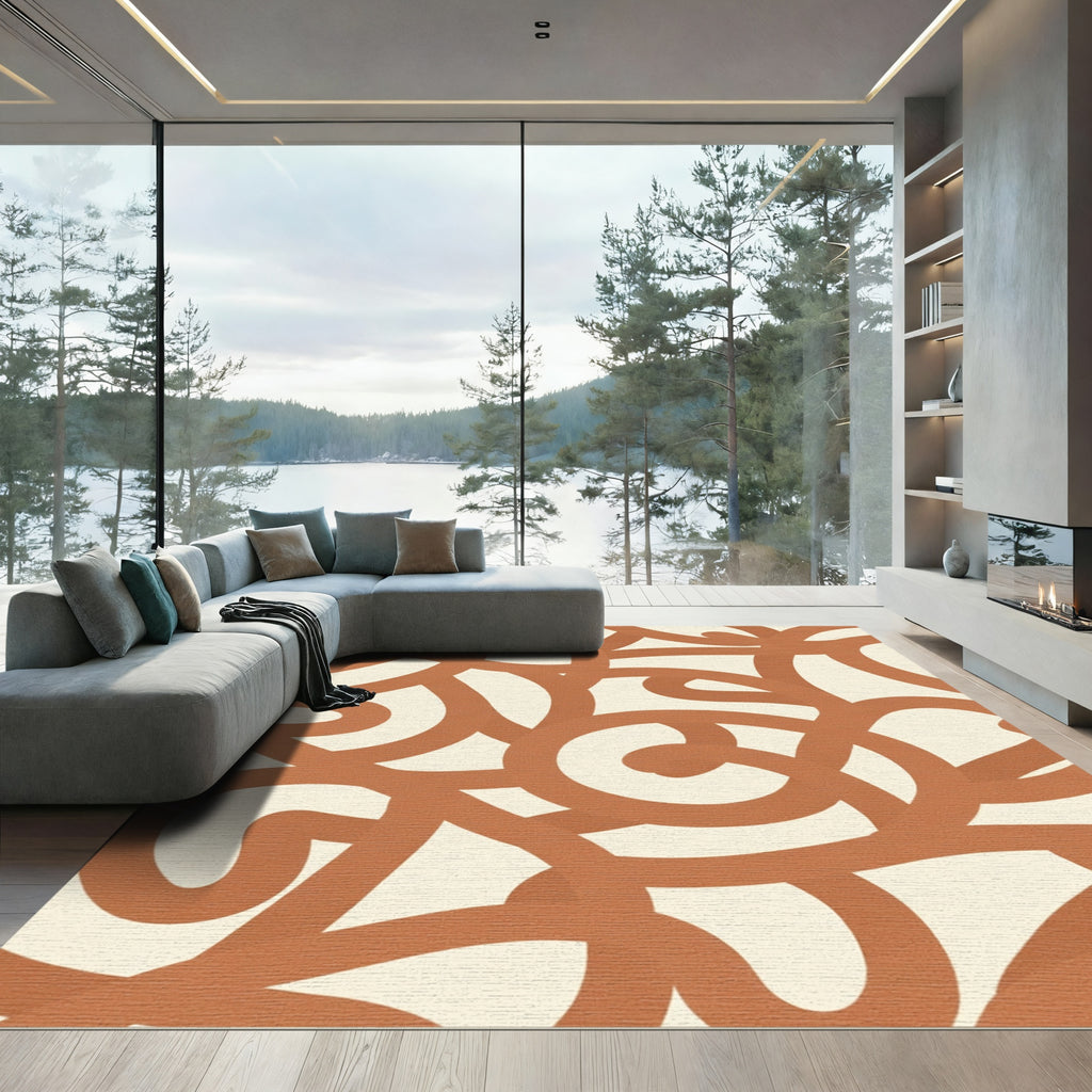 Terracotta Swirl Abstract Line Art Rug