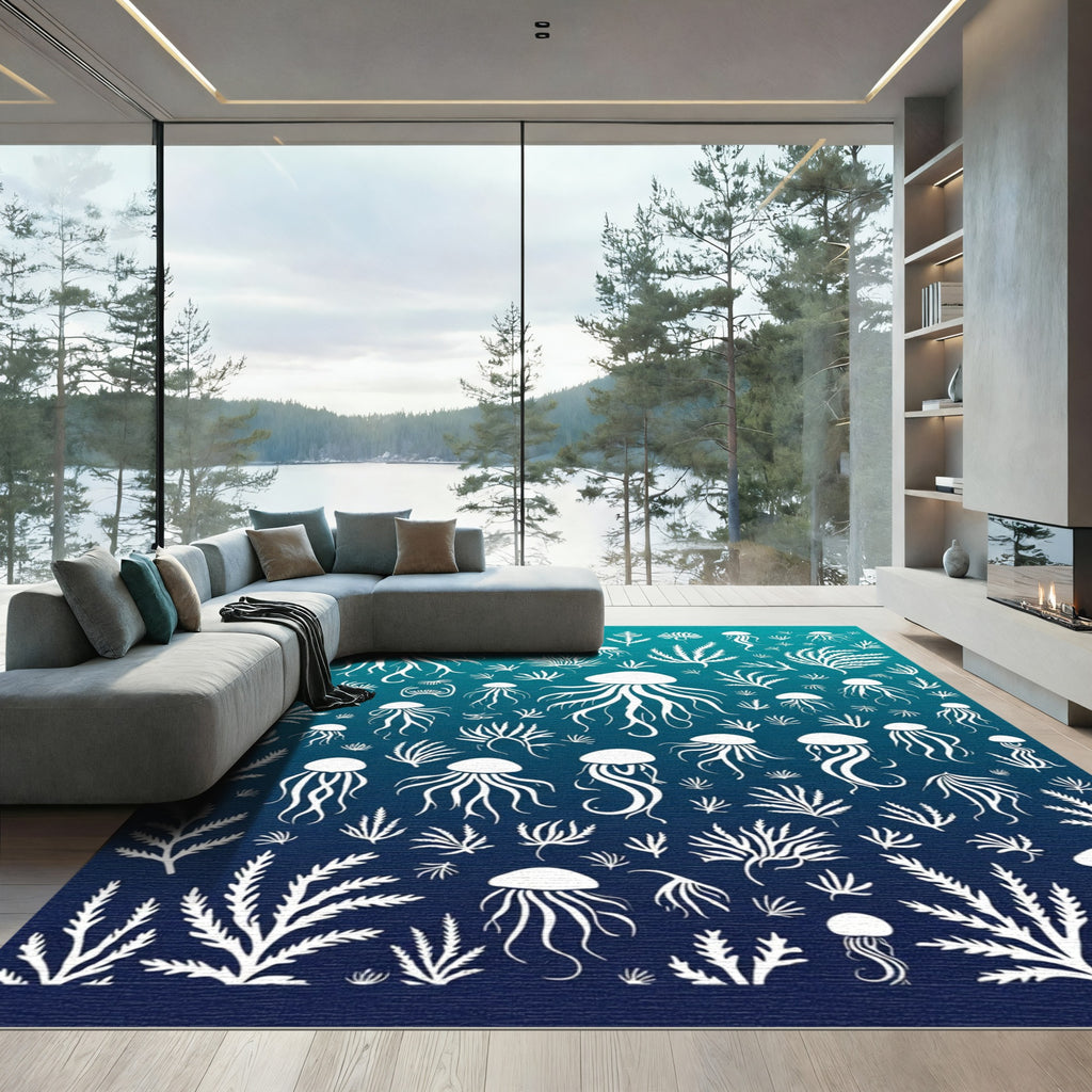 White Jellyfish and Seaweed Ocean Collage Rug
