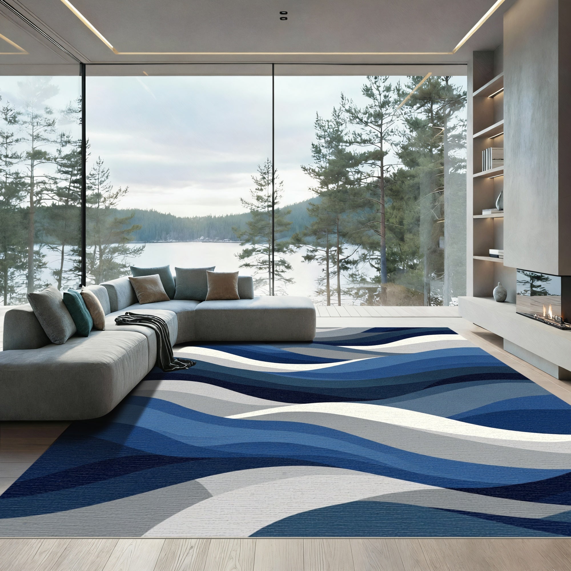 Deep Blue Wave Landscape Abstract Rug