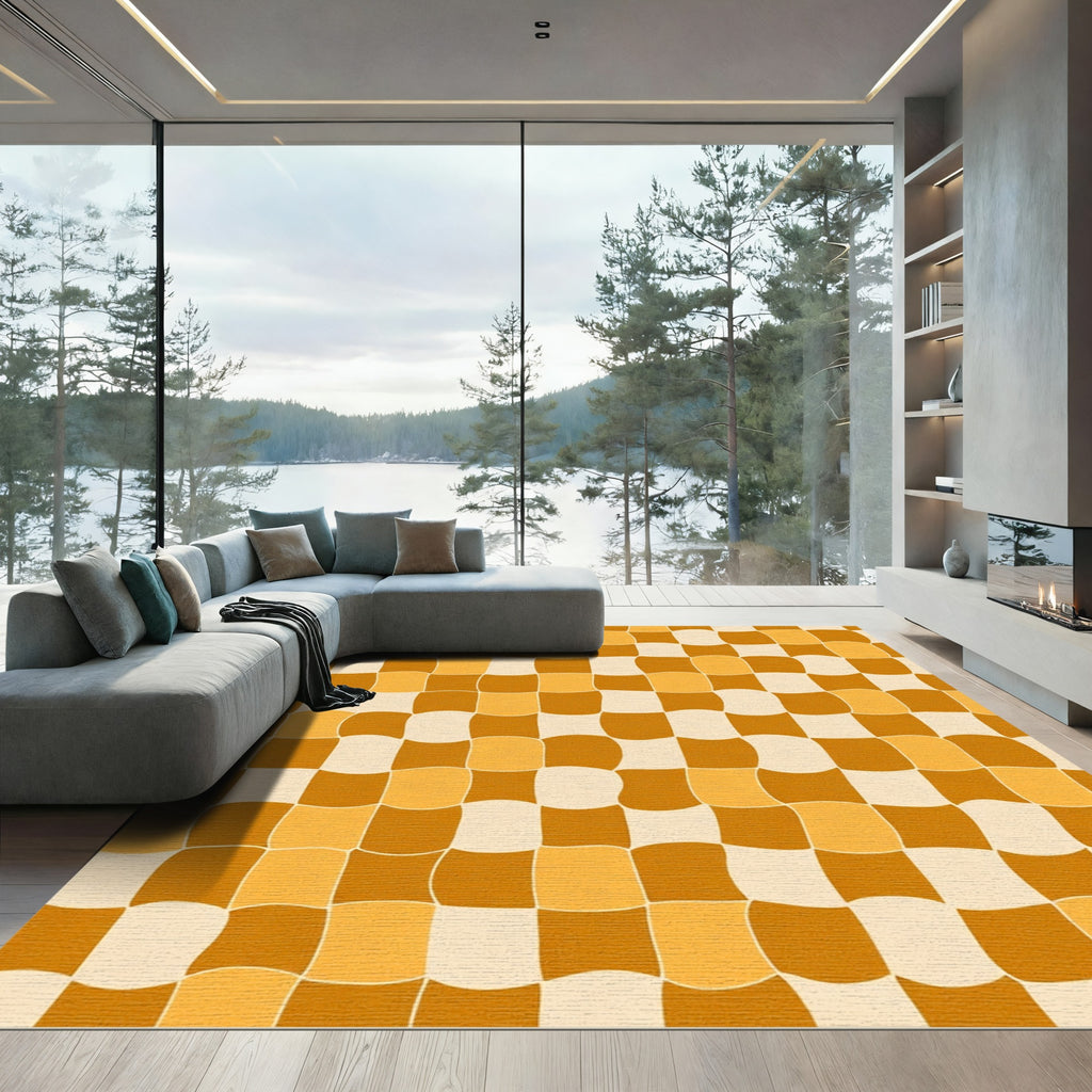 Warped Checkerboard Orange CreamSquares Rug