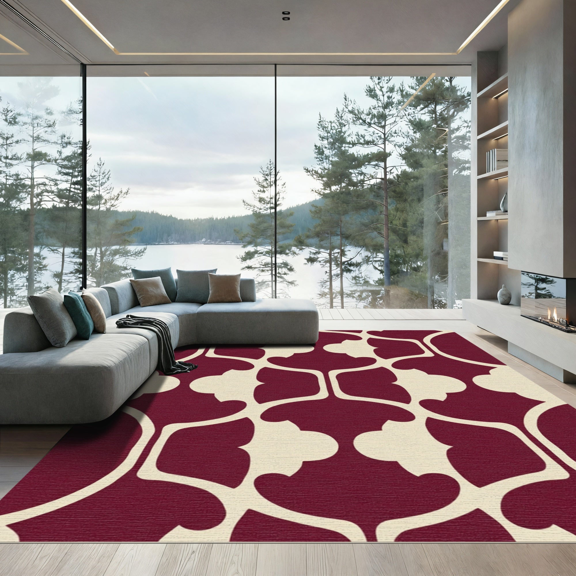 Deep Burgundy Cream Lattice Arabesque Rug