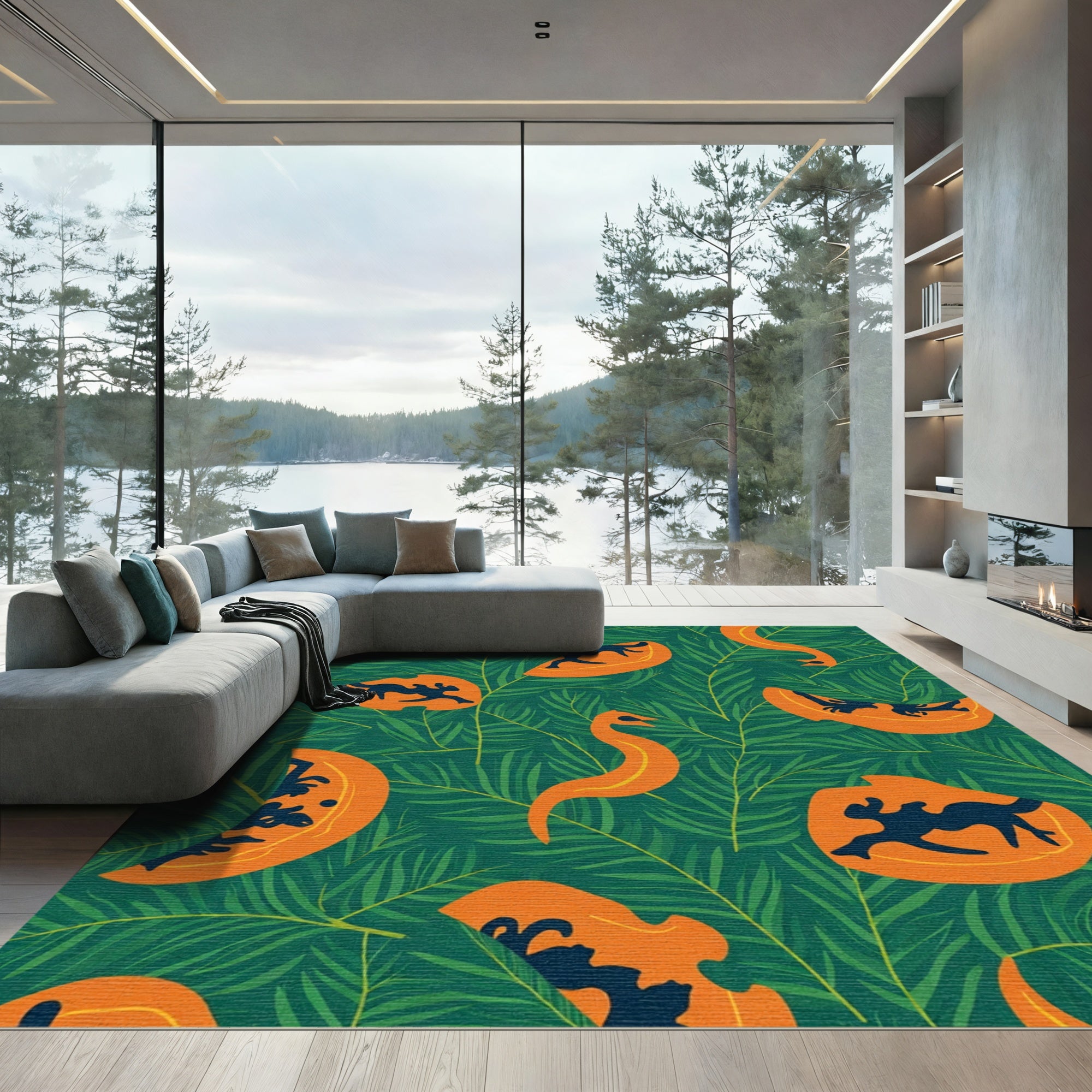 Whimsical Orange Animal Leaf Rug