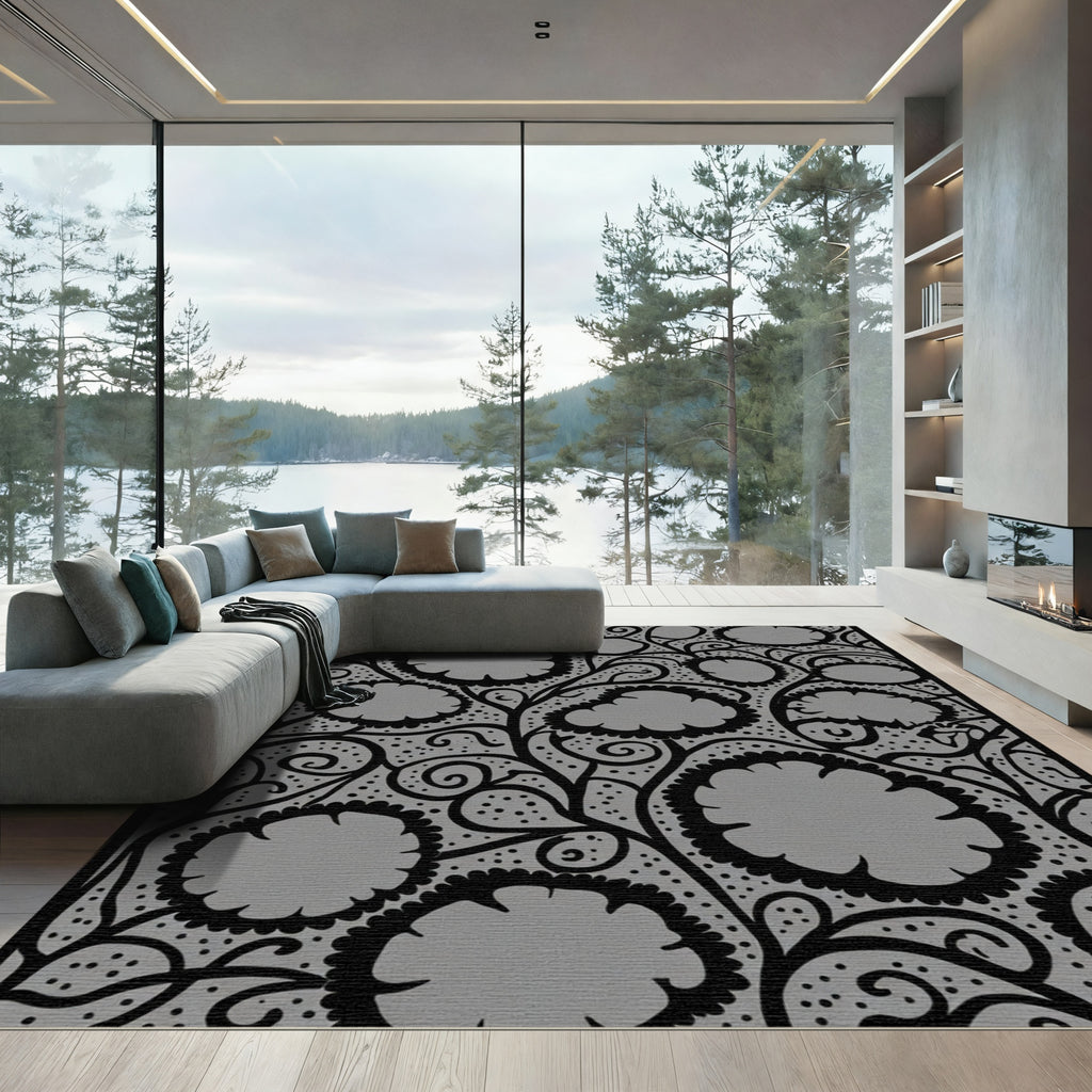 Black Petal Swirl Floral Rug