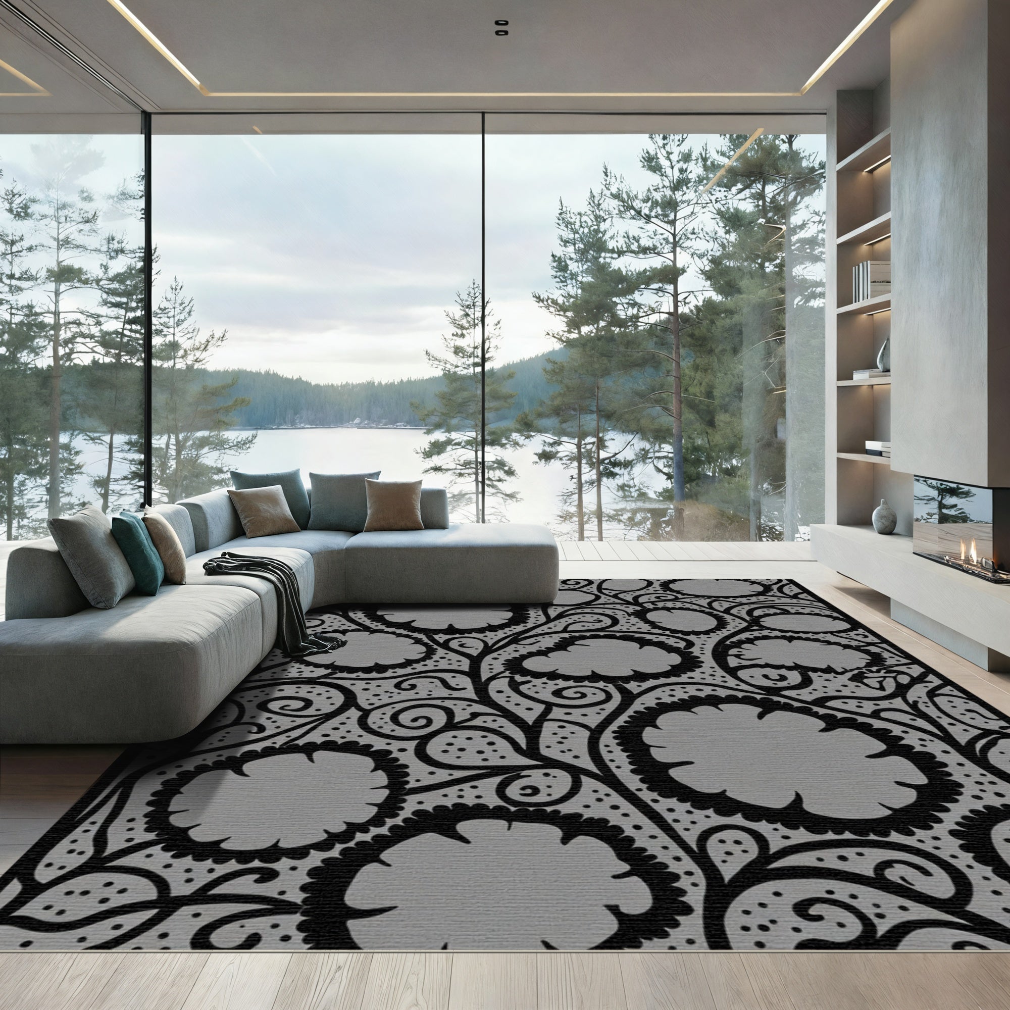 Black Petal Swirl Floral Rug