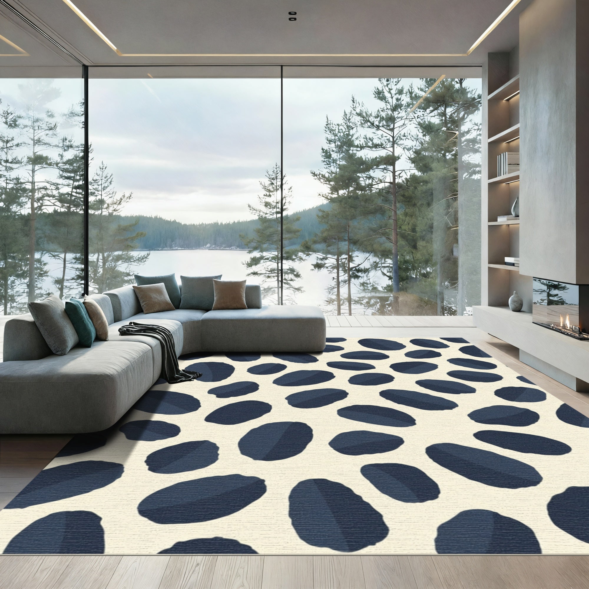 Navy Blue Abstract Blob Composition Rug