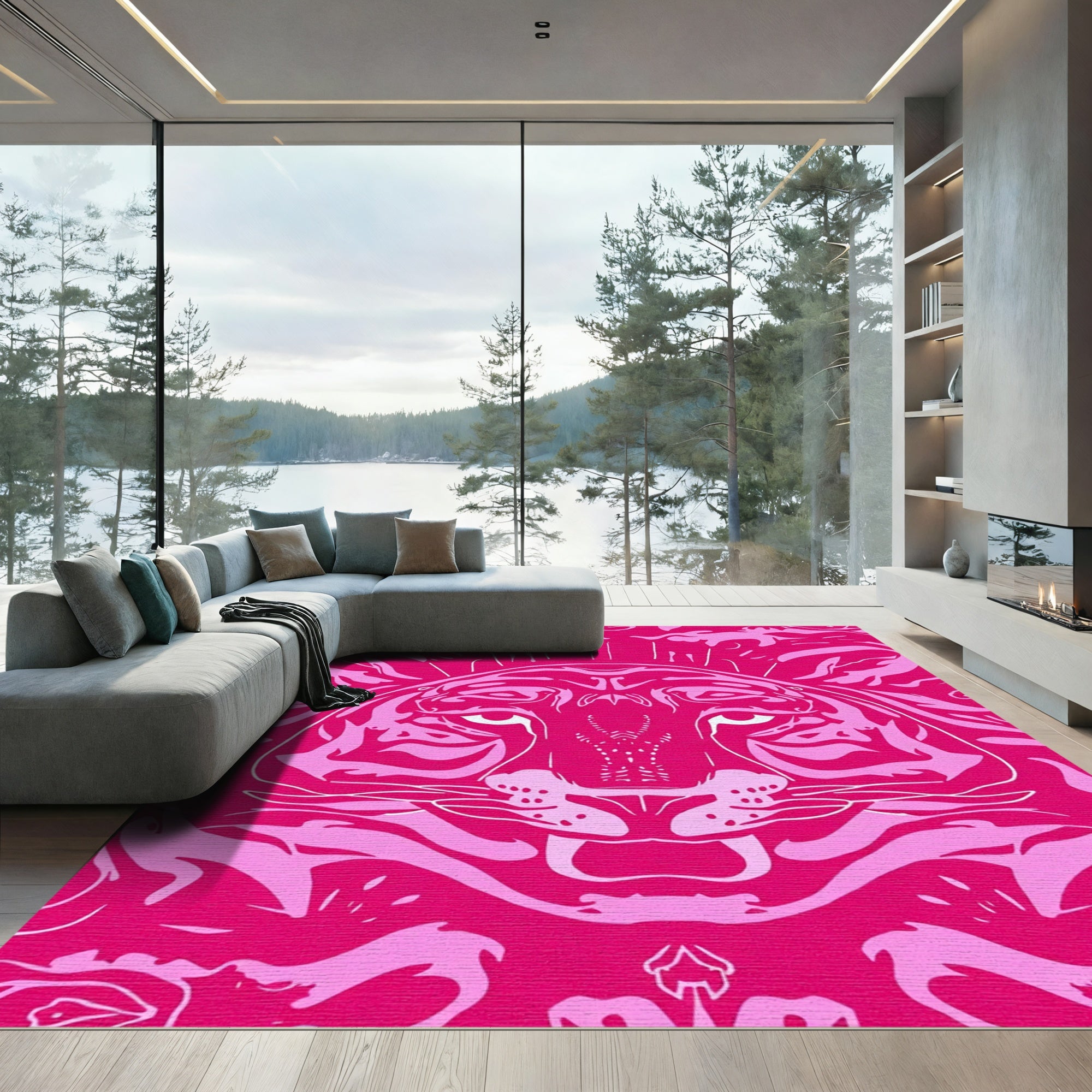 Vibrant Pink Panther Face Medallion Rug