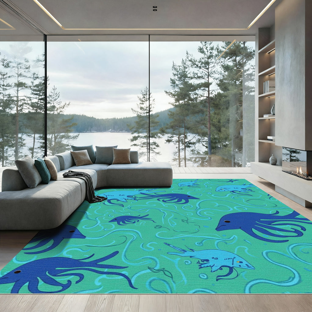 Deep Blue Ocean Cephalopod Swirl Rug