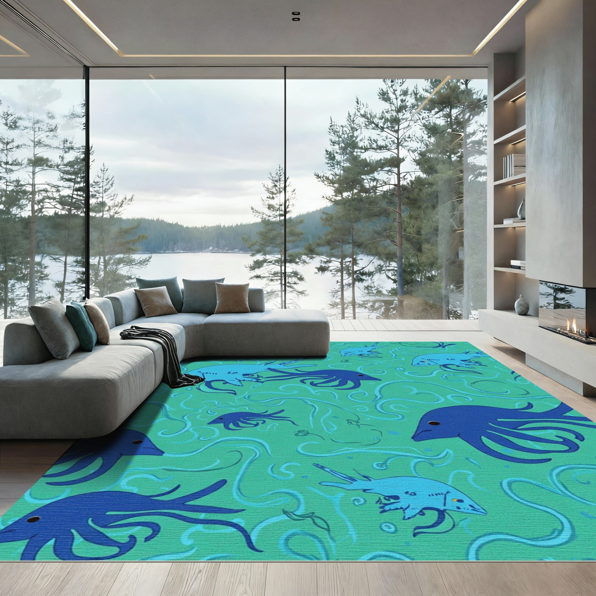 Deep Blue Ocean Cephalopod Swirl Rug