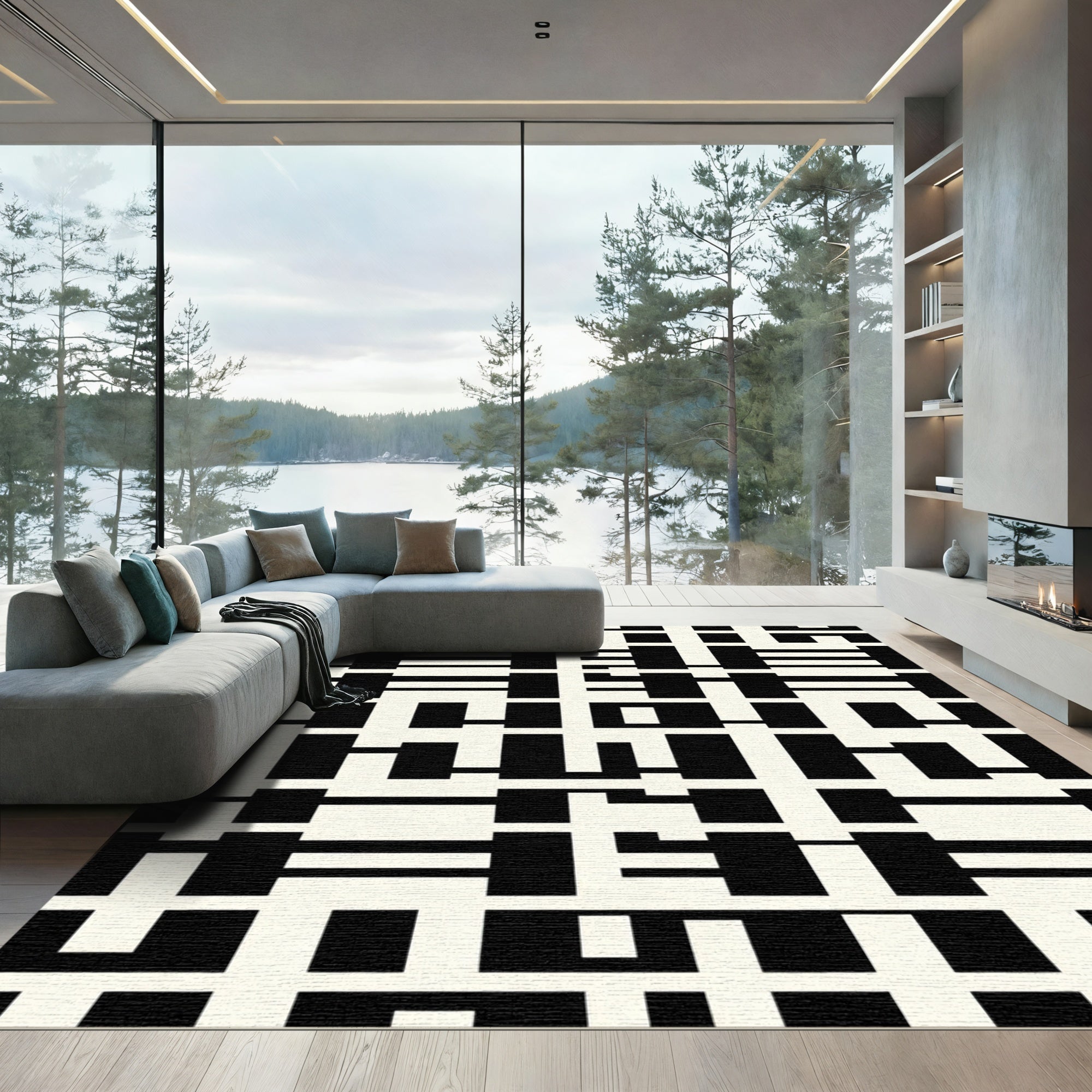 Black Cream Geometric Labyrinth Rug