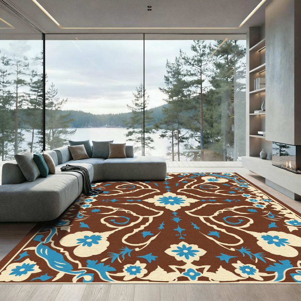 Brown Cream Blue Floral Symmetry Rug