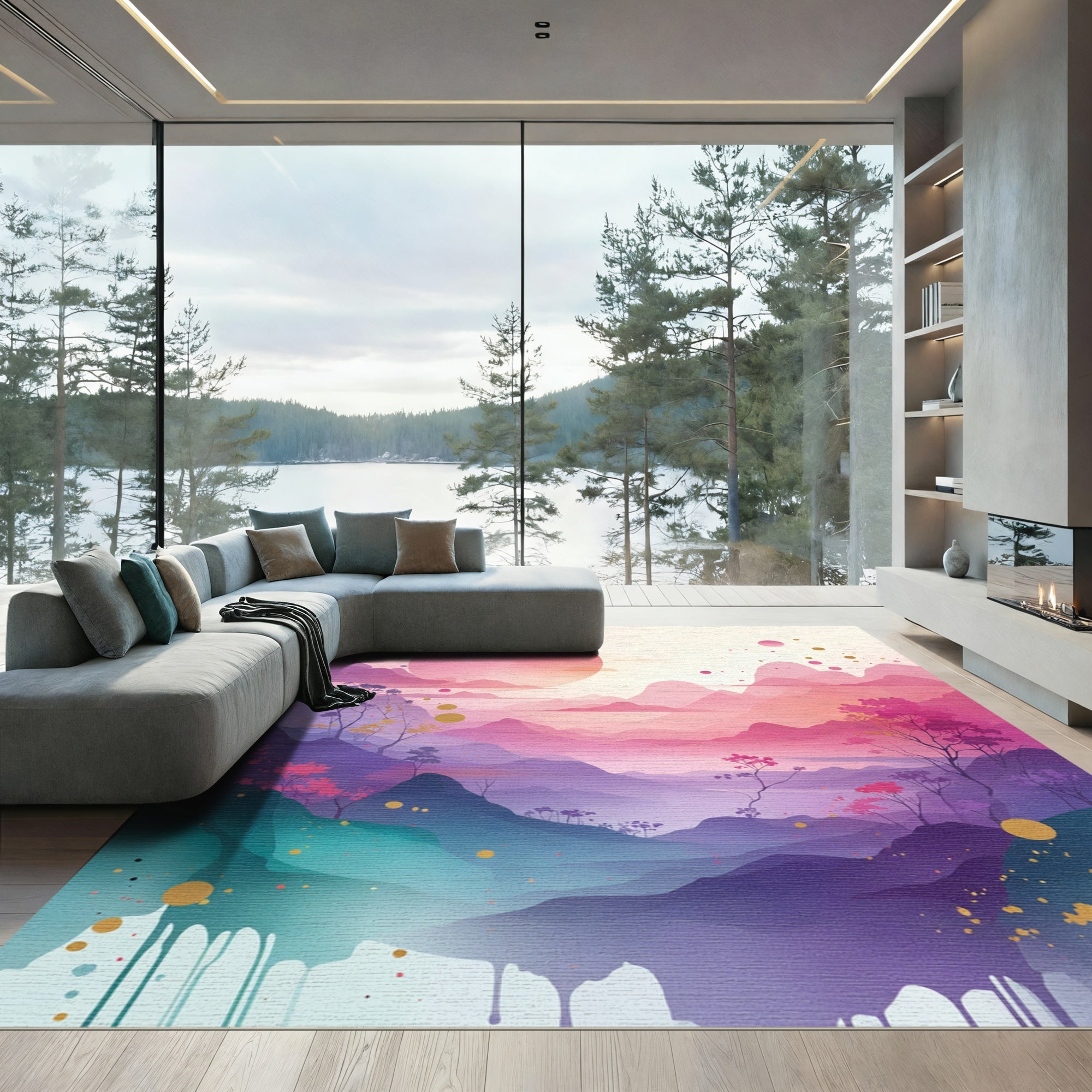 Serene Pink Mountain Cherry Blossom Vista Rug