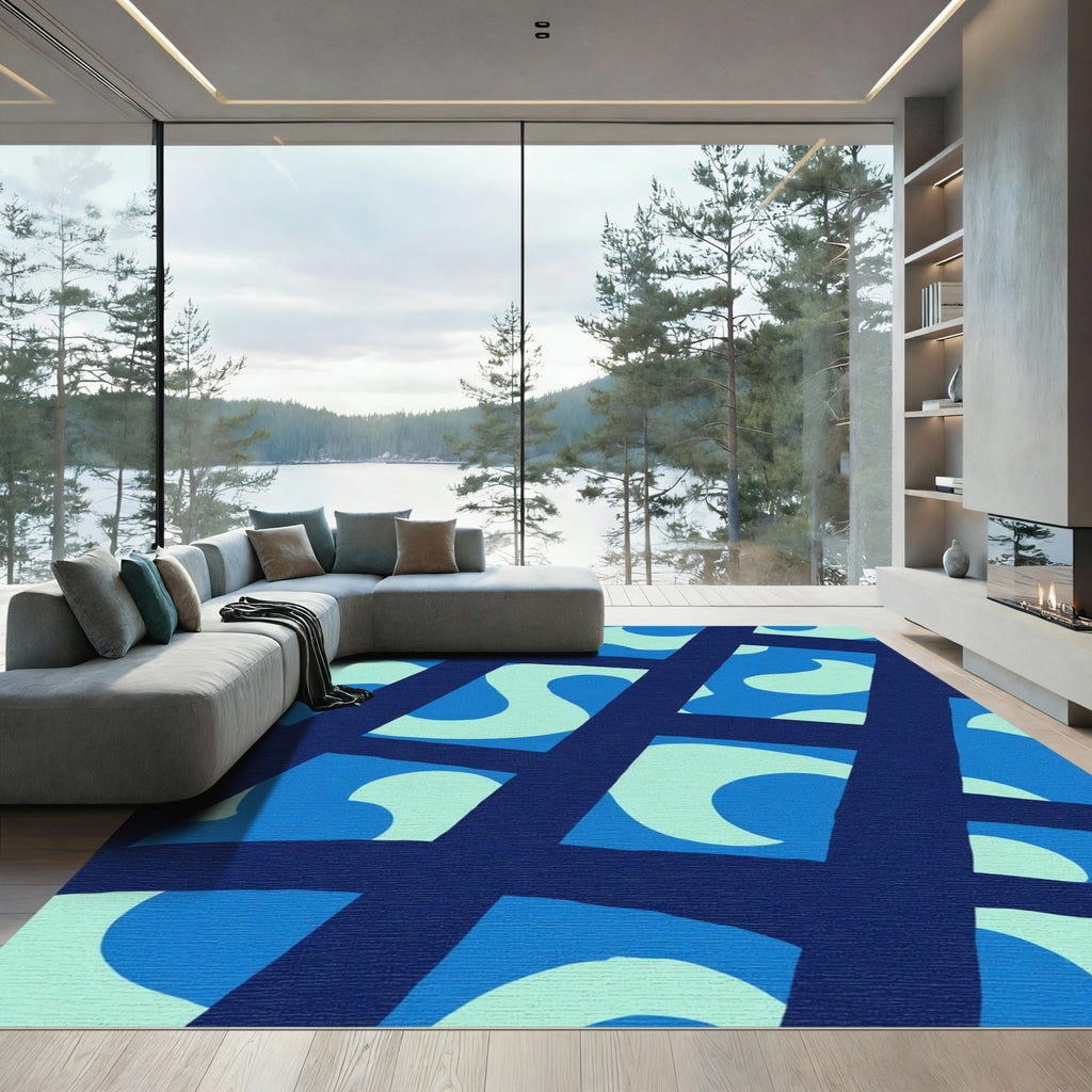 Deep Blue Abstract Organic Waves Rug