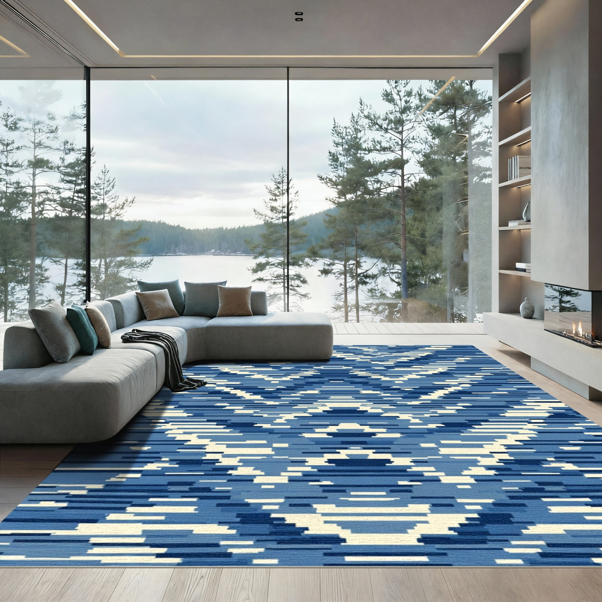 Indigo Blue Abstract Geometric Stripe Rug