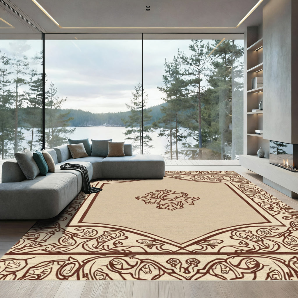 Ornate Brown Floral Scrollwork Rug