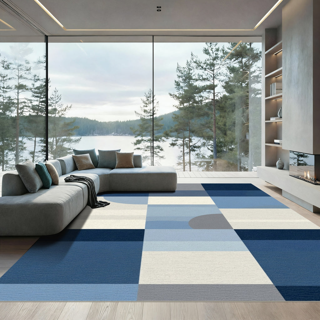 Modern Blue Gray Geometric Block Rug