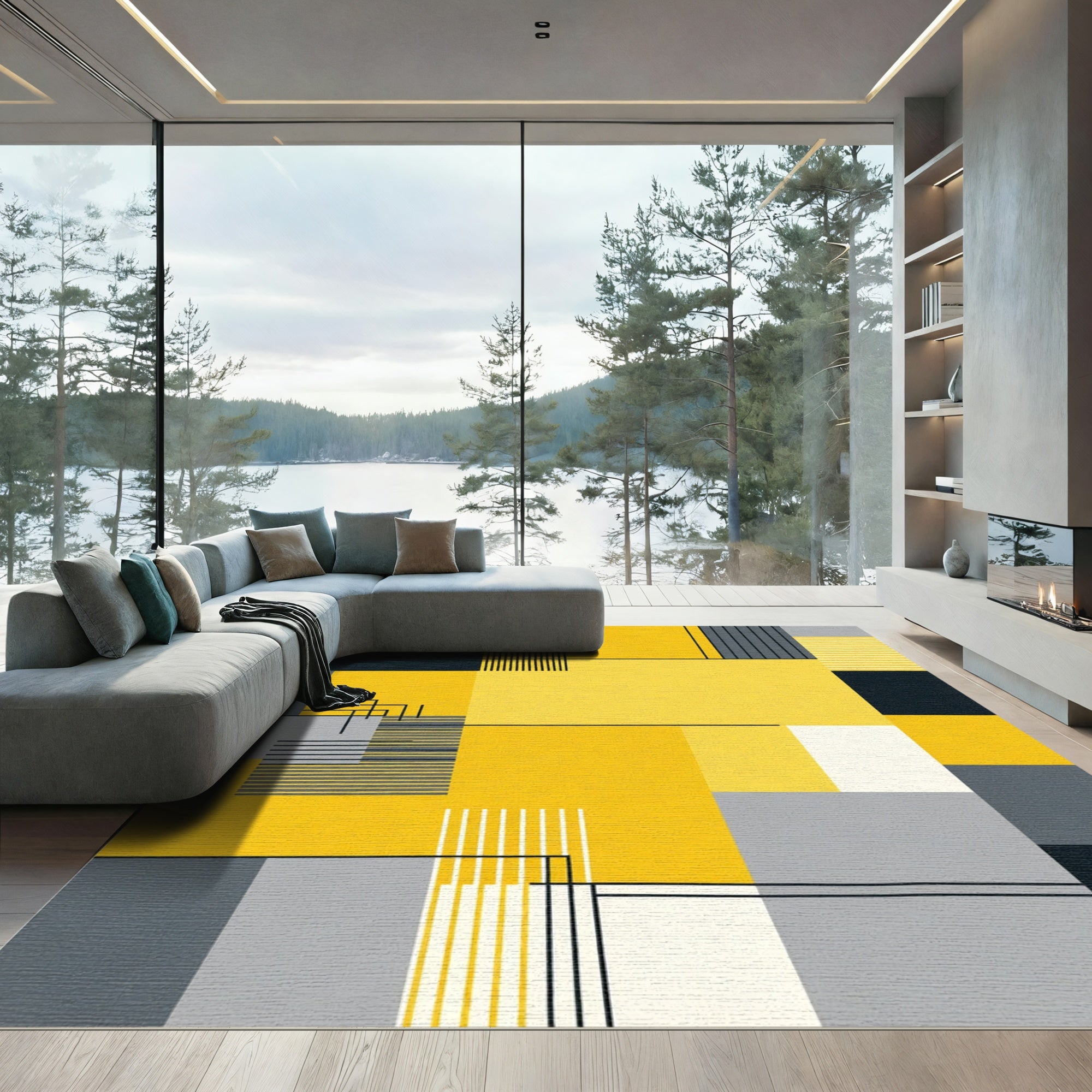 Modern Yellow Geometric Abstract Blocks Rug