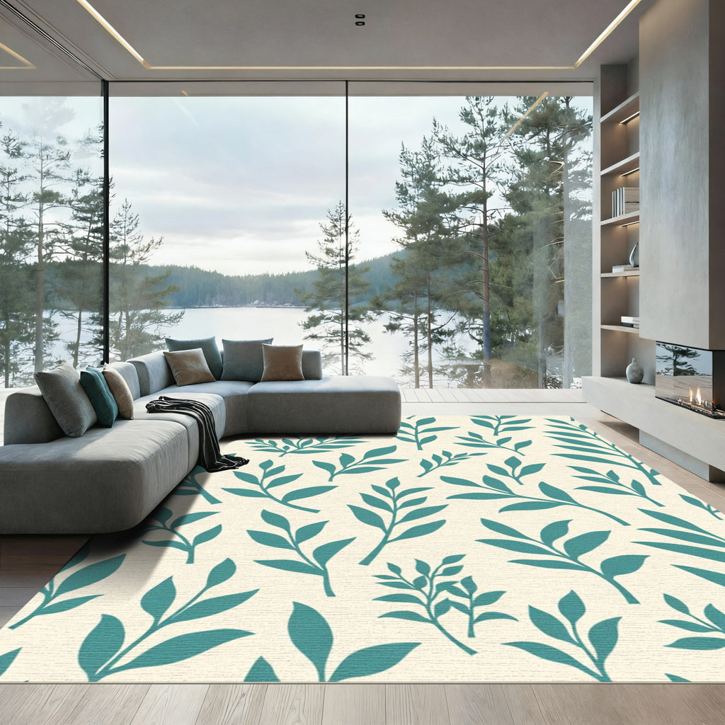 Teal Leafy Branches On Cream Background Rug