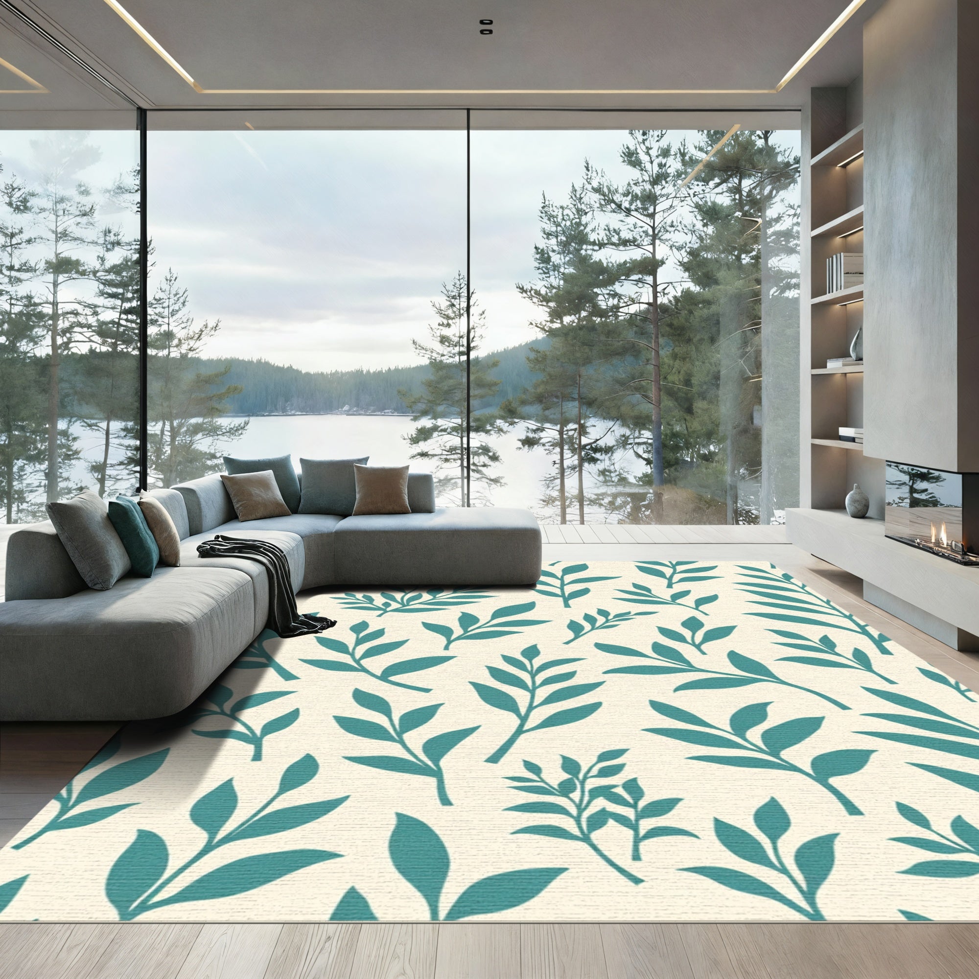 Teal Leafy Branches On Cream Background Rug