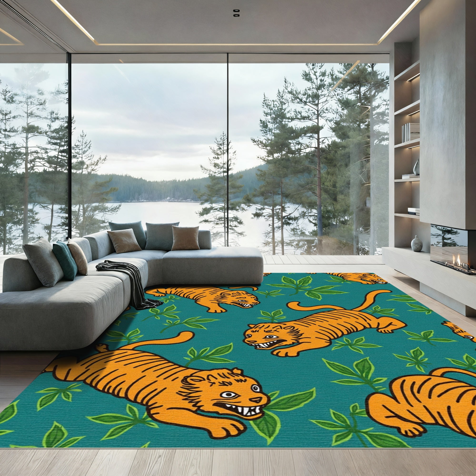 Orange Tiger Jungle Scene Rug