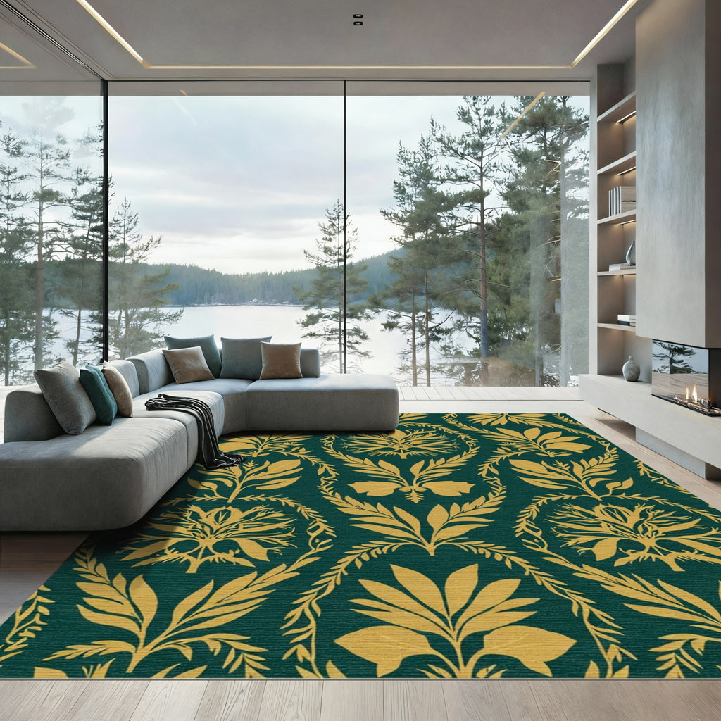 Golden Leaf Damask Emerald Ornament Rug