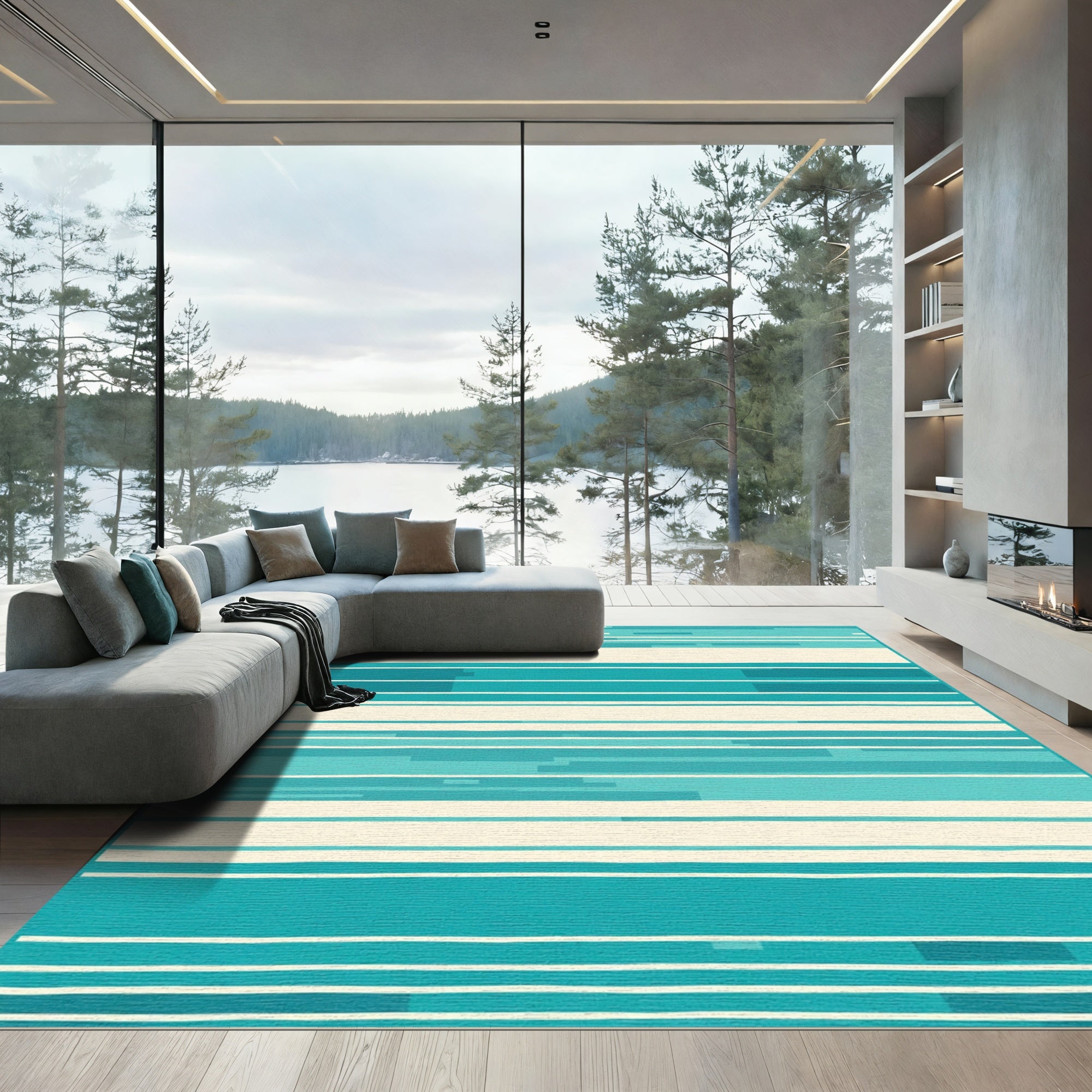 Abstract Teal Horizontal Stripe Rug