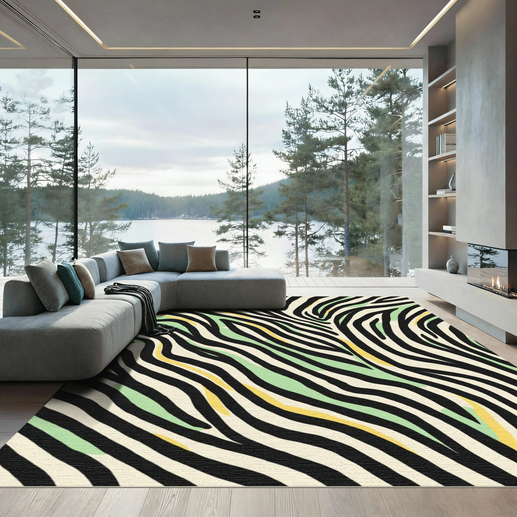 Abstract Zebra Stripes With Green Yellow Accent Rug