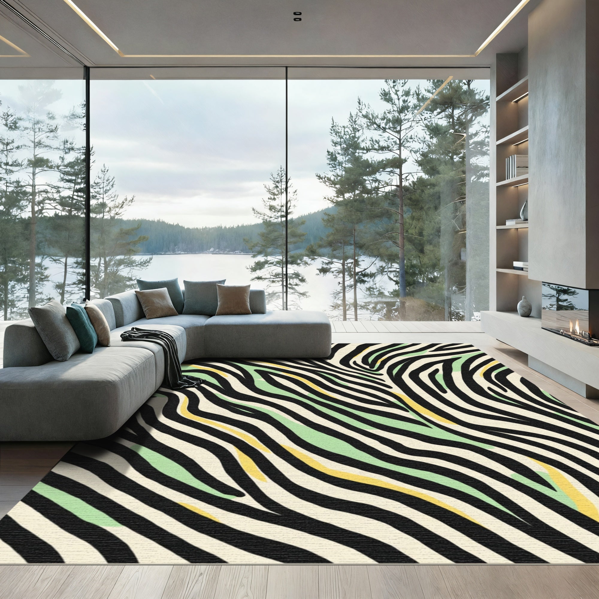 Abstract Zebra Stripes With Green Yellow Accent Rug