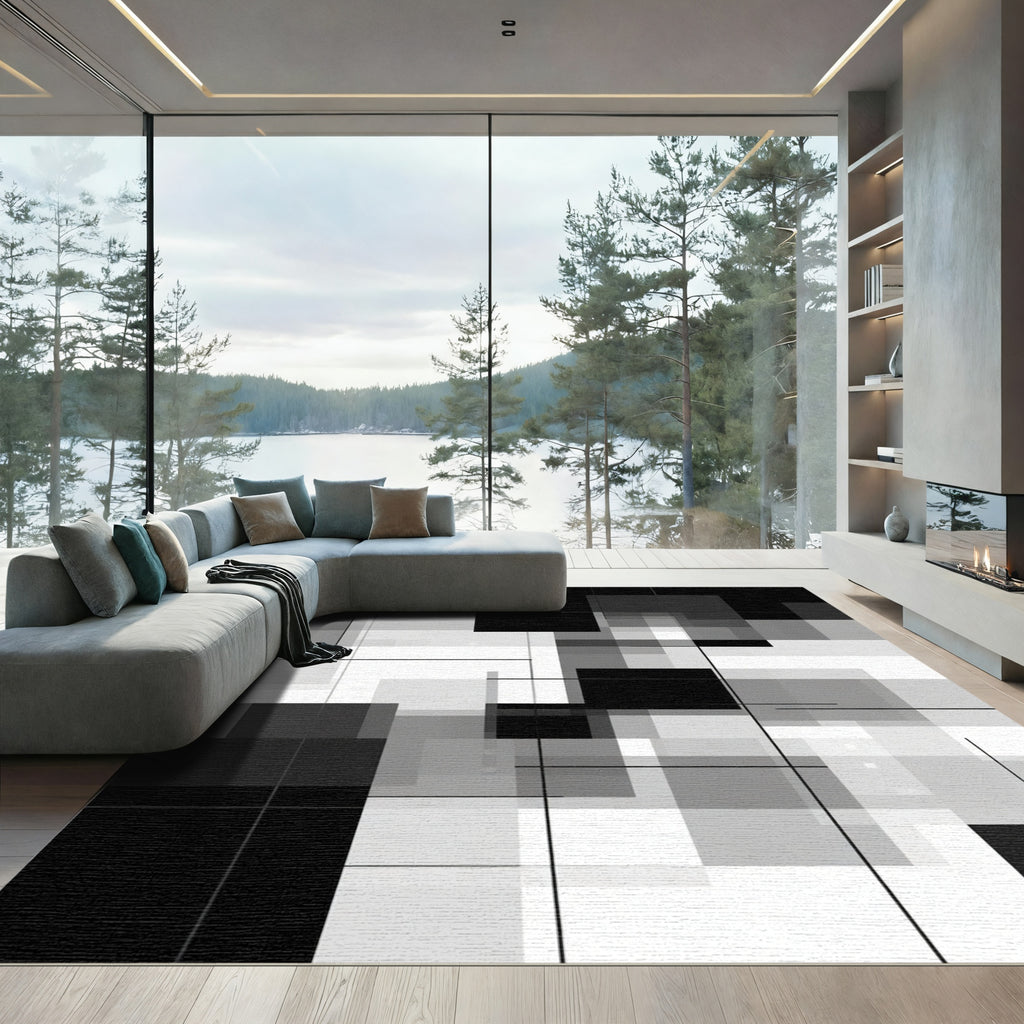 Monochrome Geometric Overlap Rectangles Rug