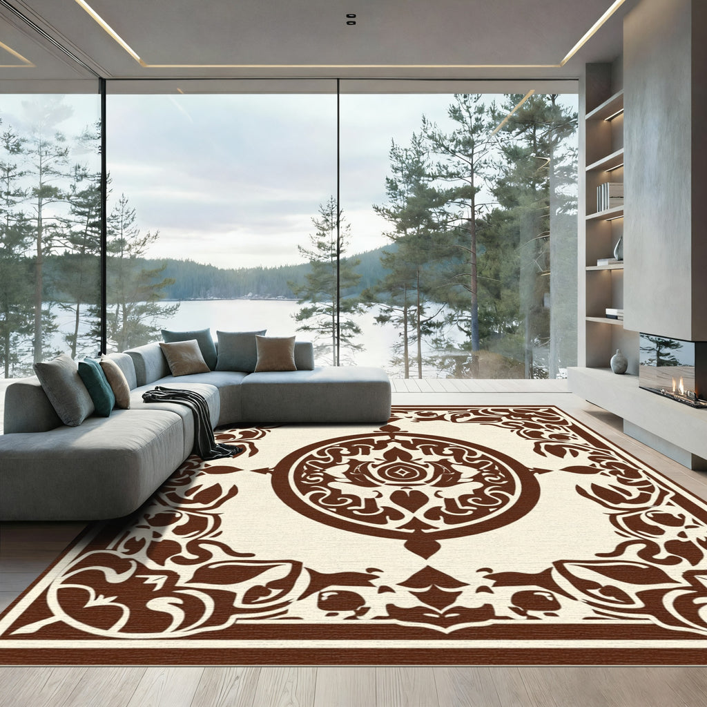 Brown Ivory Oval Medallion Border Rug