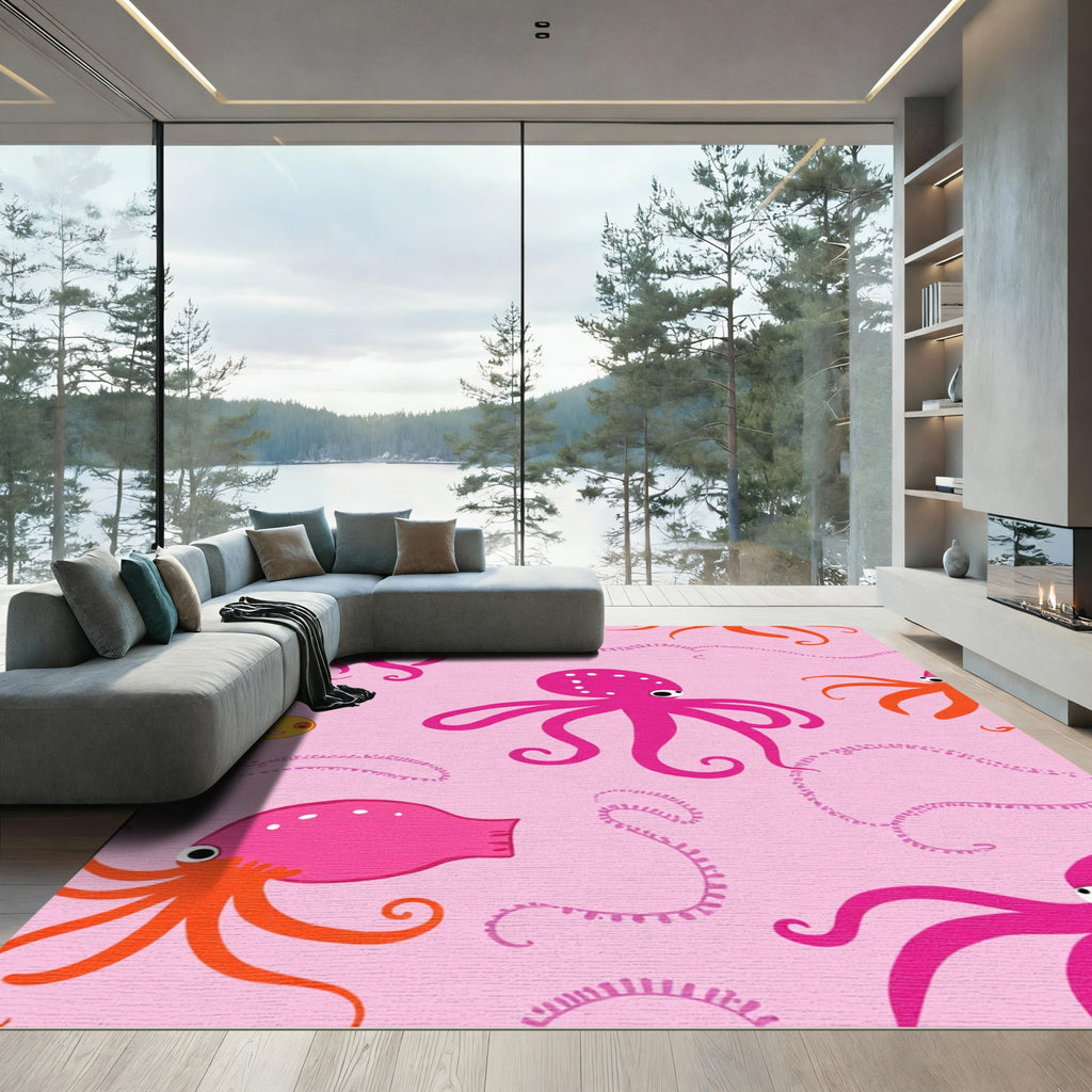 Pink Octopus With Yellow Fish Rug