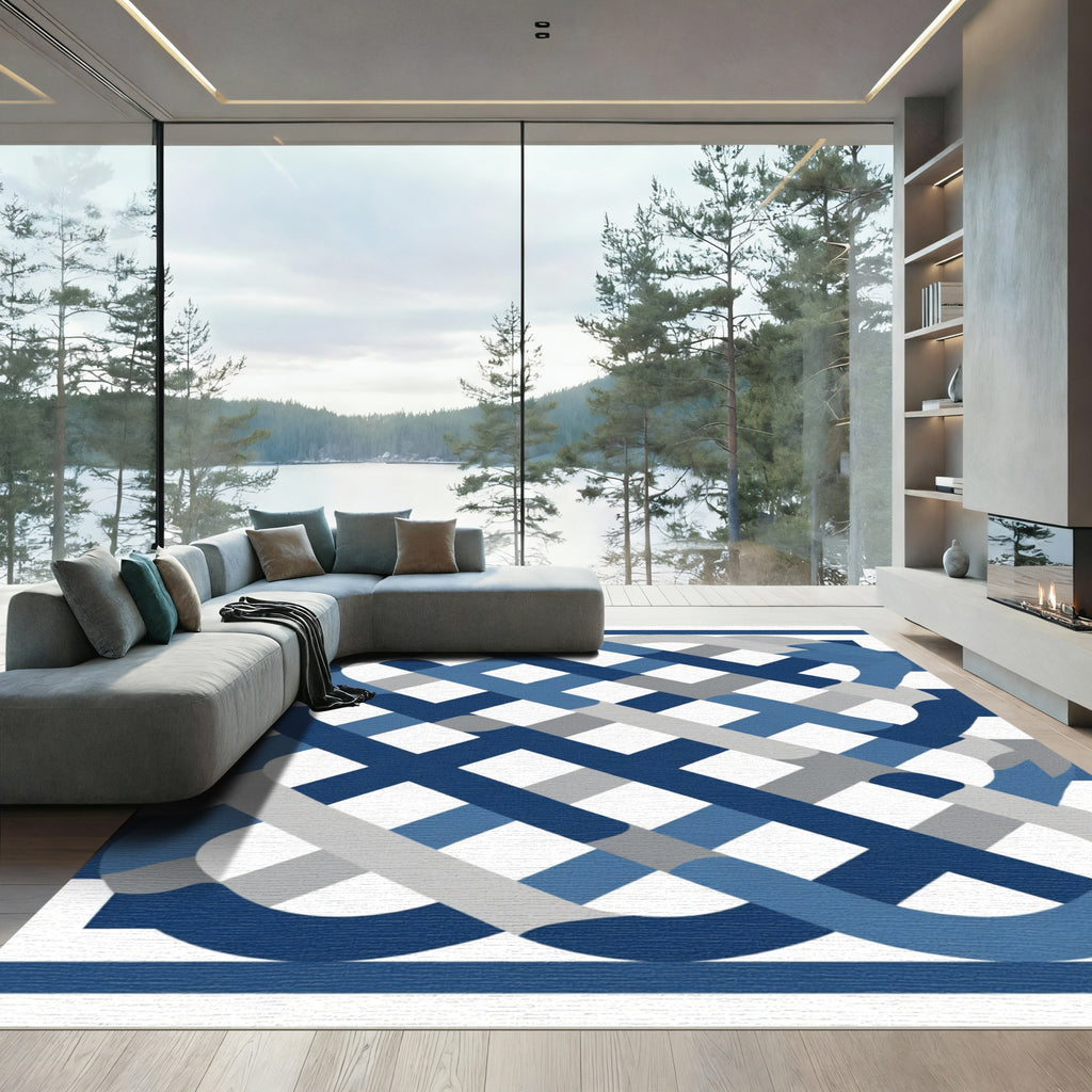 Blue Gray Interwoven Plaid Rug