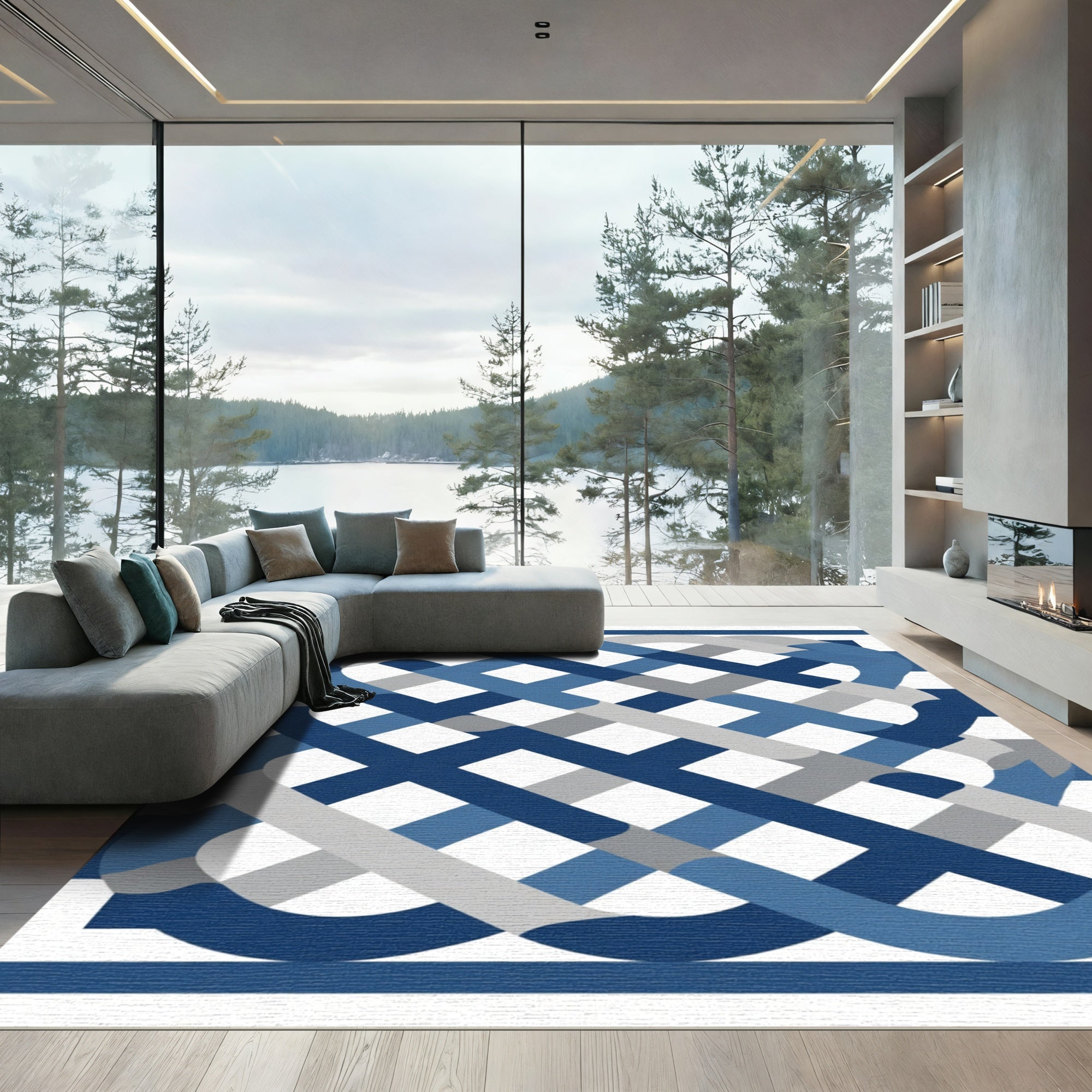 Blue Gray Interwoven Plaid Rug