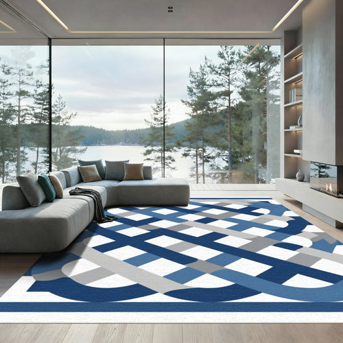 Blue Gray Interwoven Plaid Rug