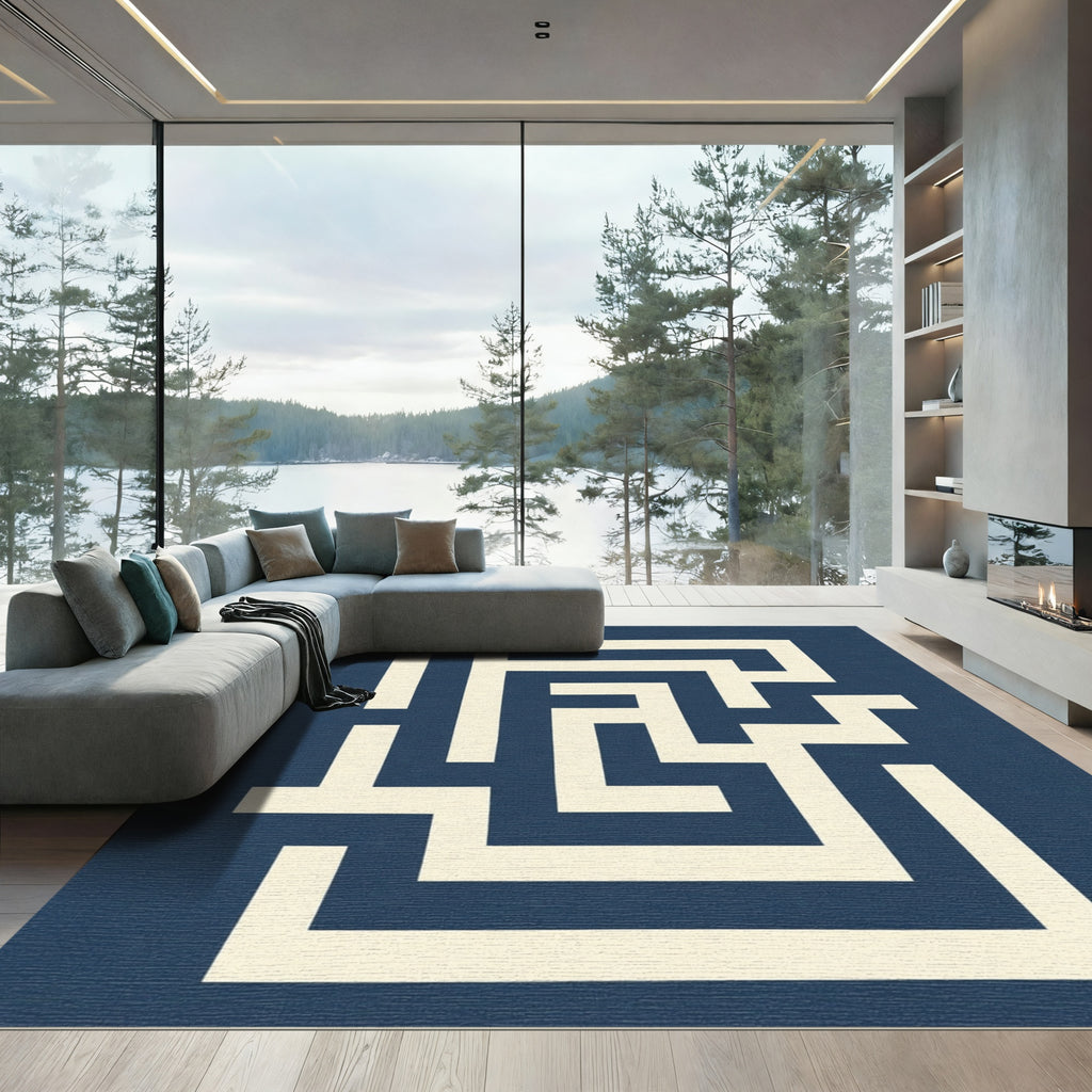 Navy Cream Geometric Maze Rug