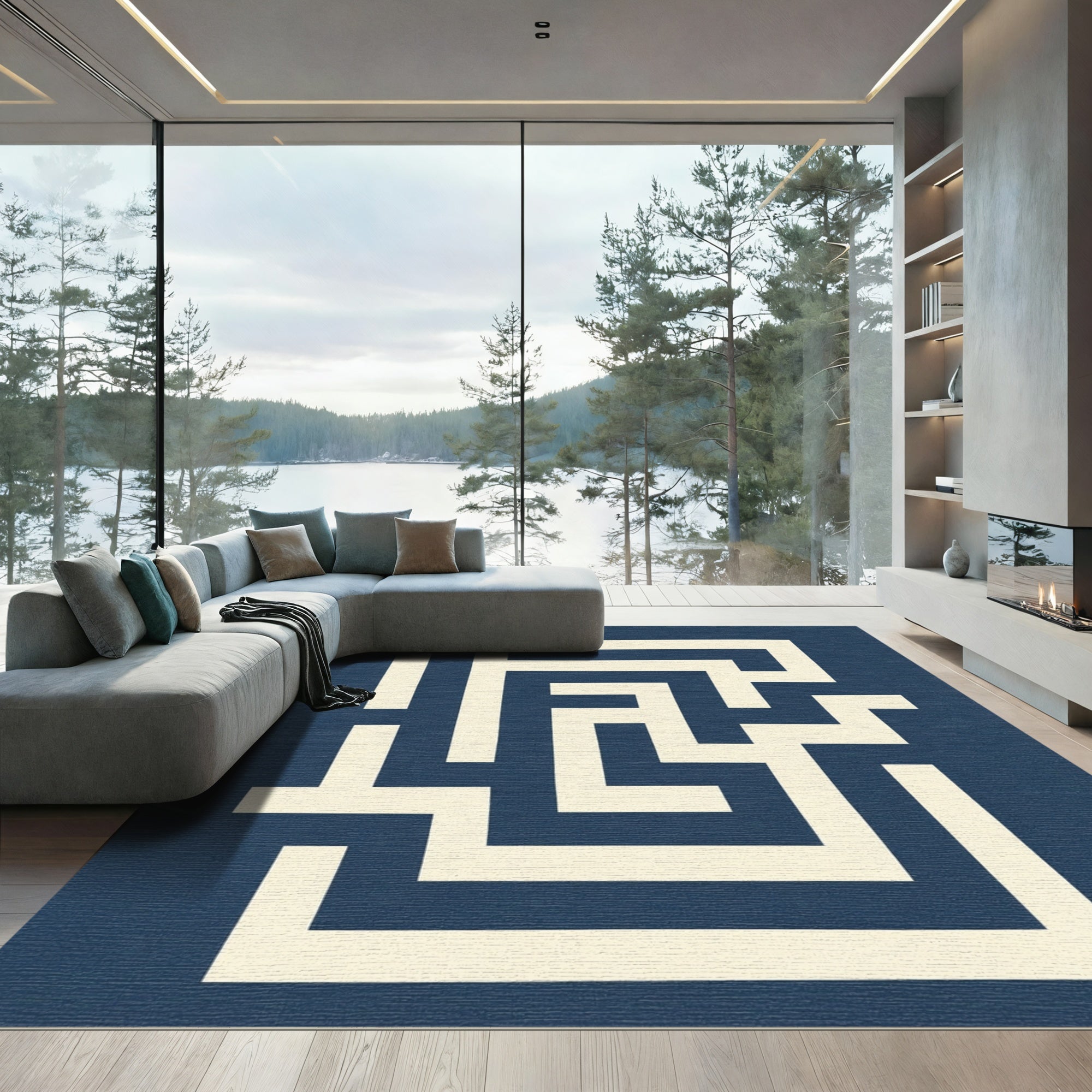 Navy Cream Geometric Maze Rug