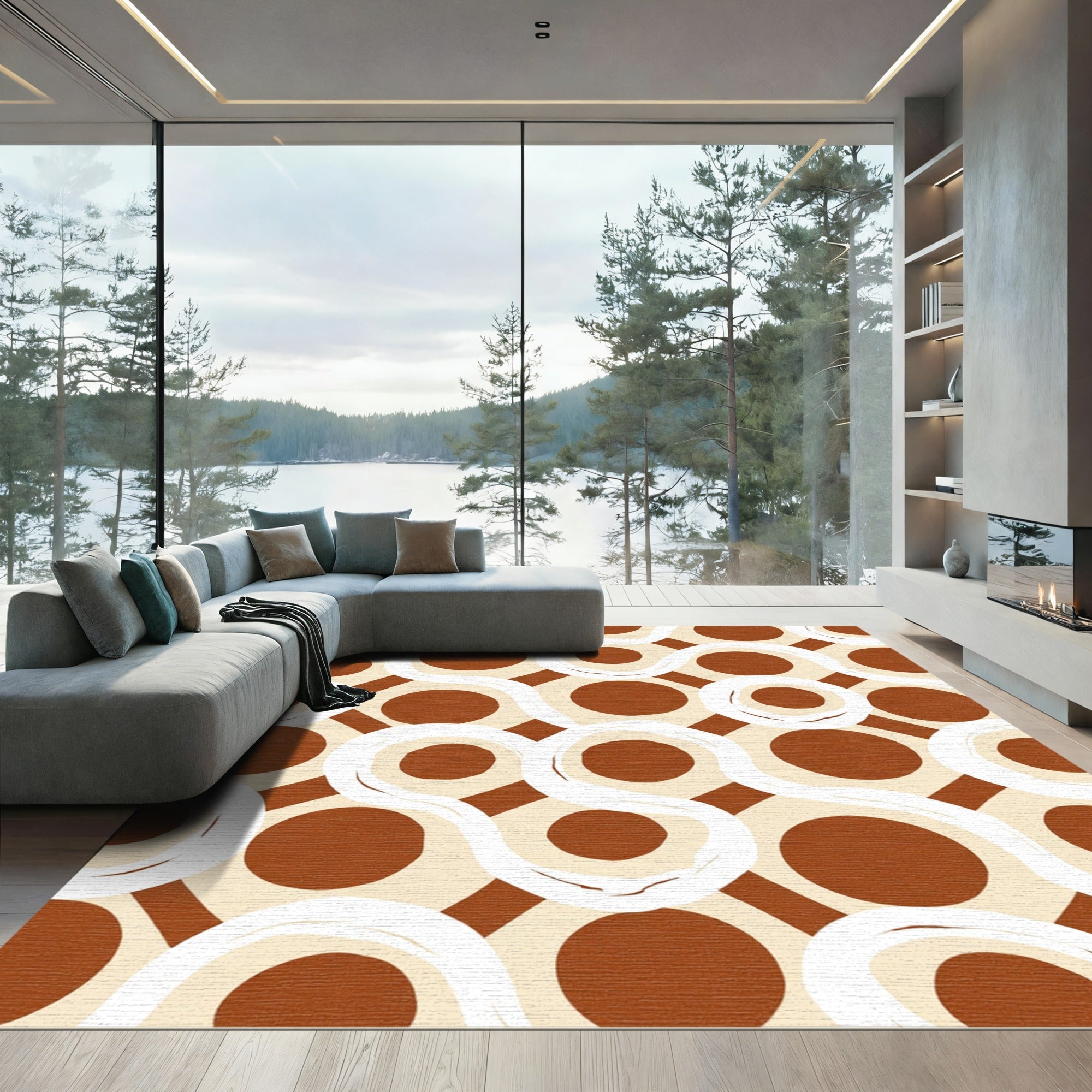 Brown Cream Swirl Dot Geometric Rug