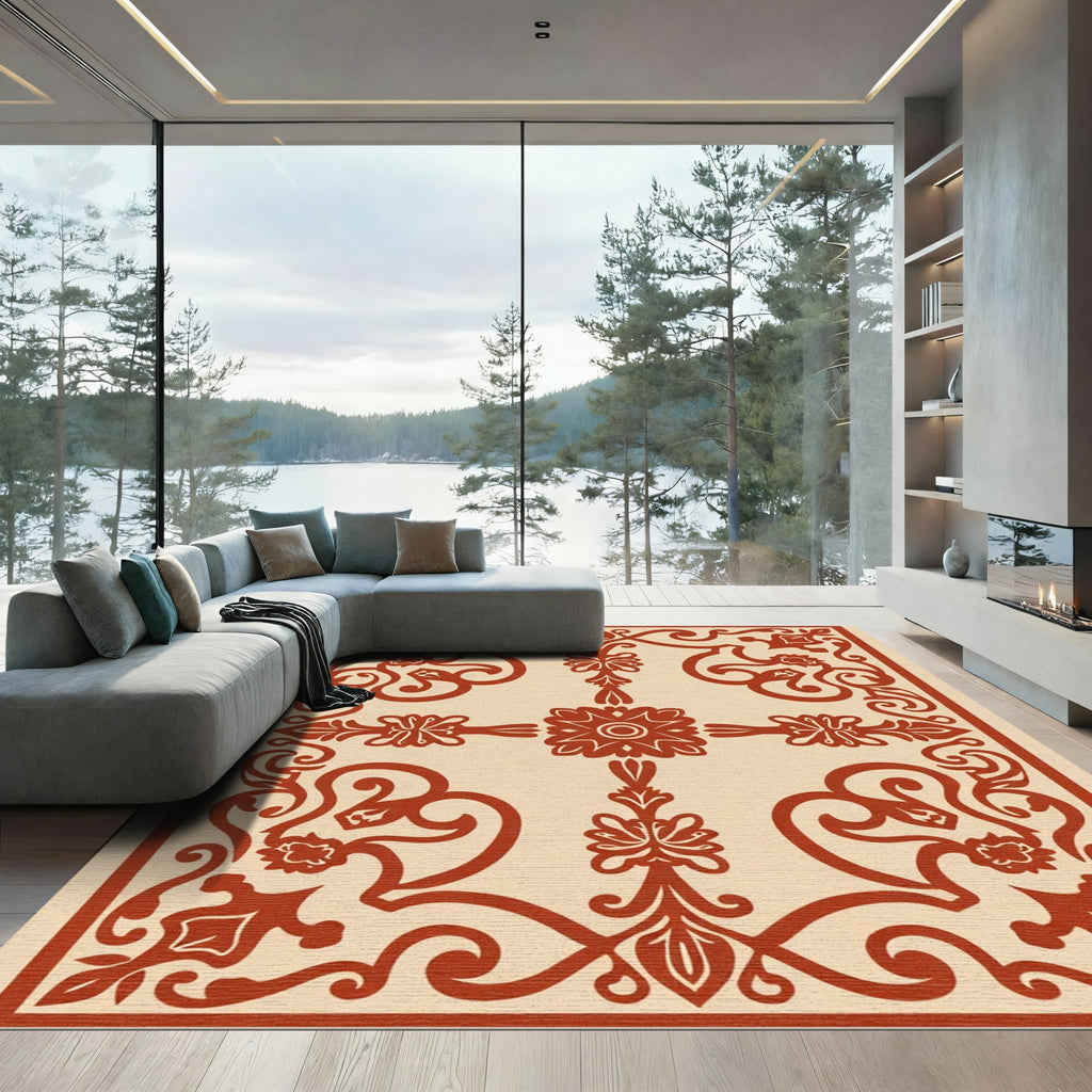 Deep Red Scroll Filigree Medallion Rug