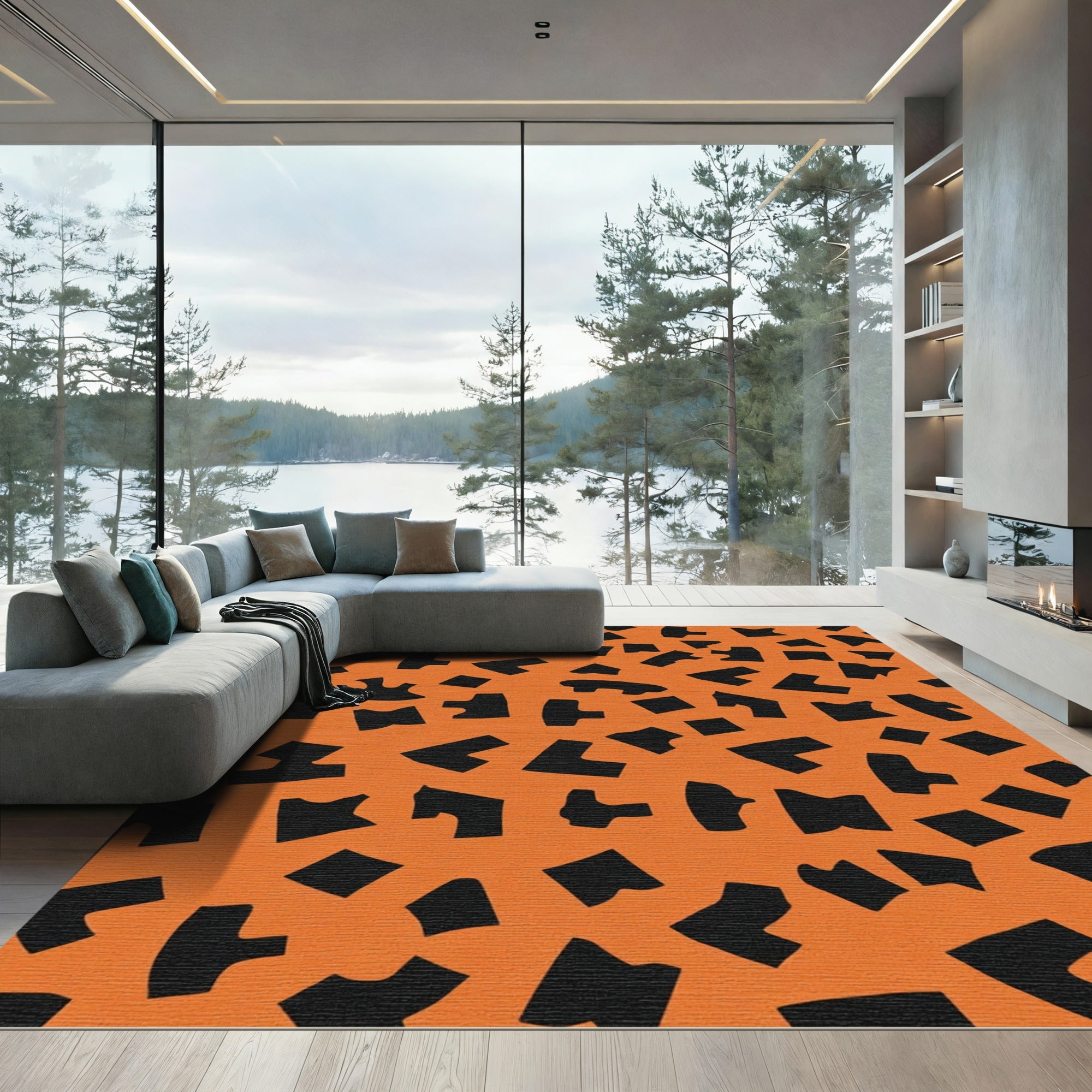 Orange Black Irregular Geometric Splash Rug