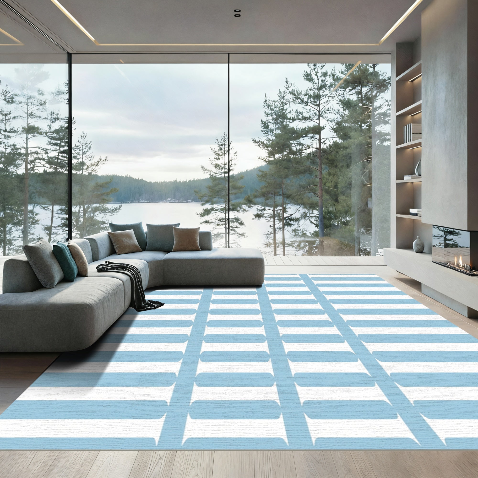 Soft Blue White Horizontal Stripe Rug