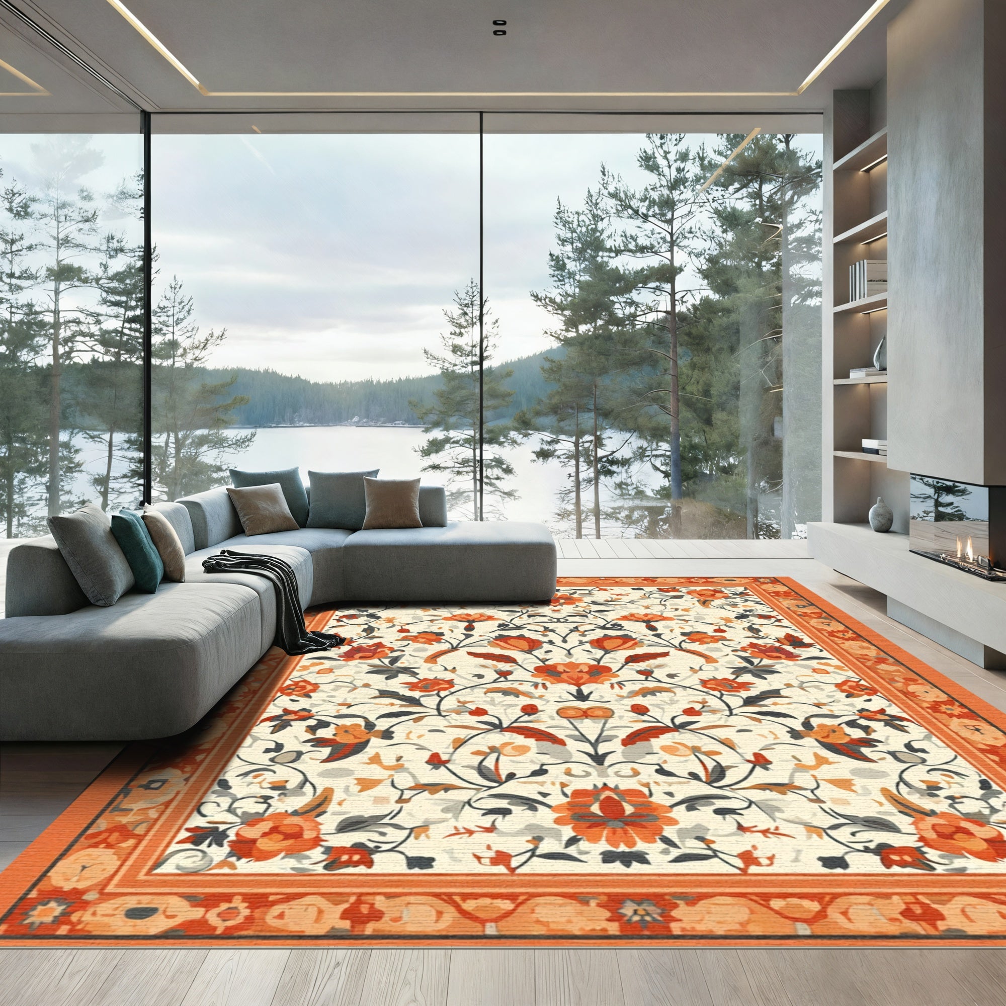 Burnt Orange Floral Scroll Medallion Rug