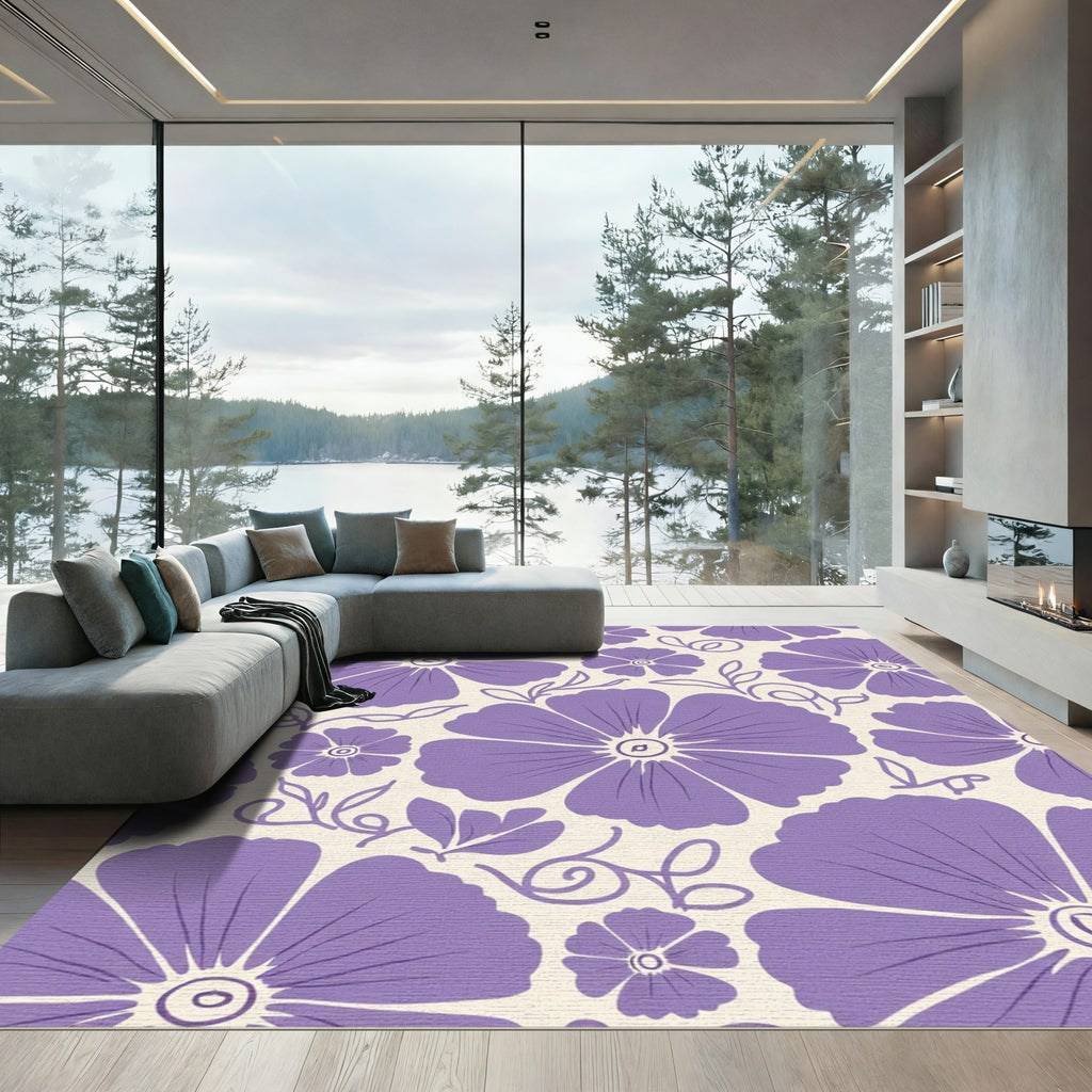 Purple Large Floral Outline Cream Rug