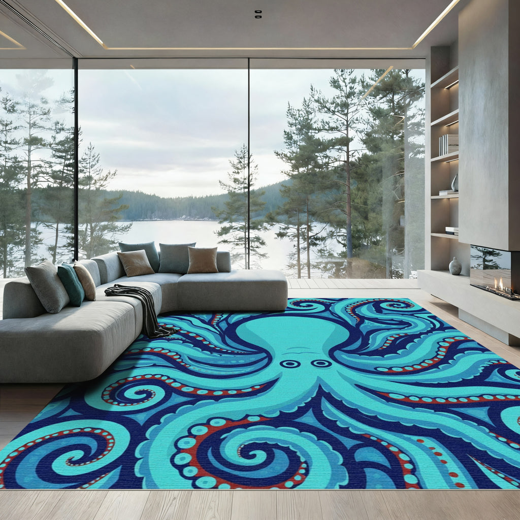 Aqua Blue Octopus Tentacle Swirl Rug