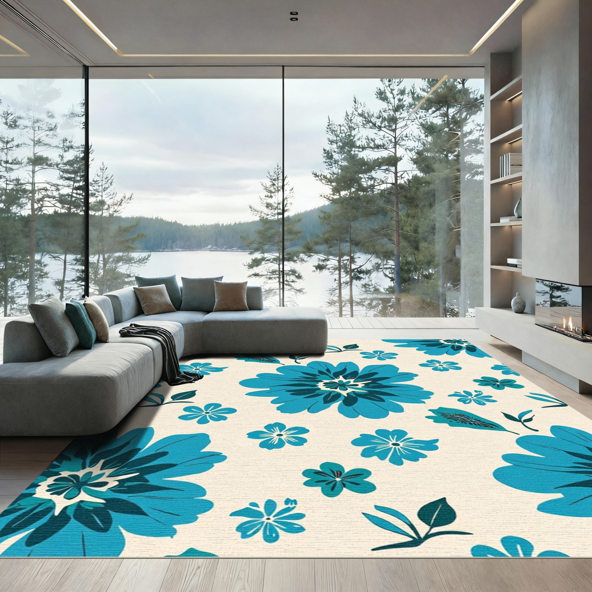 Large Teal Flowers With Leaves Rug