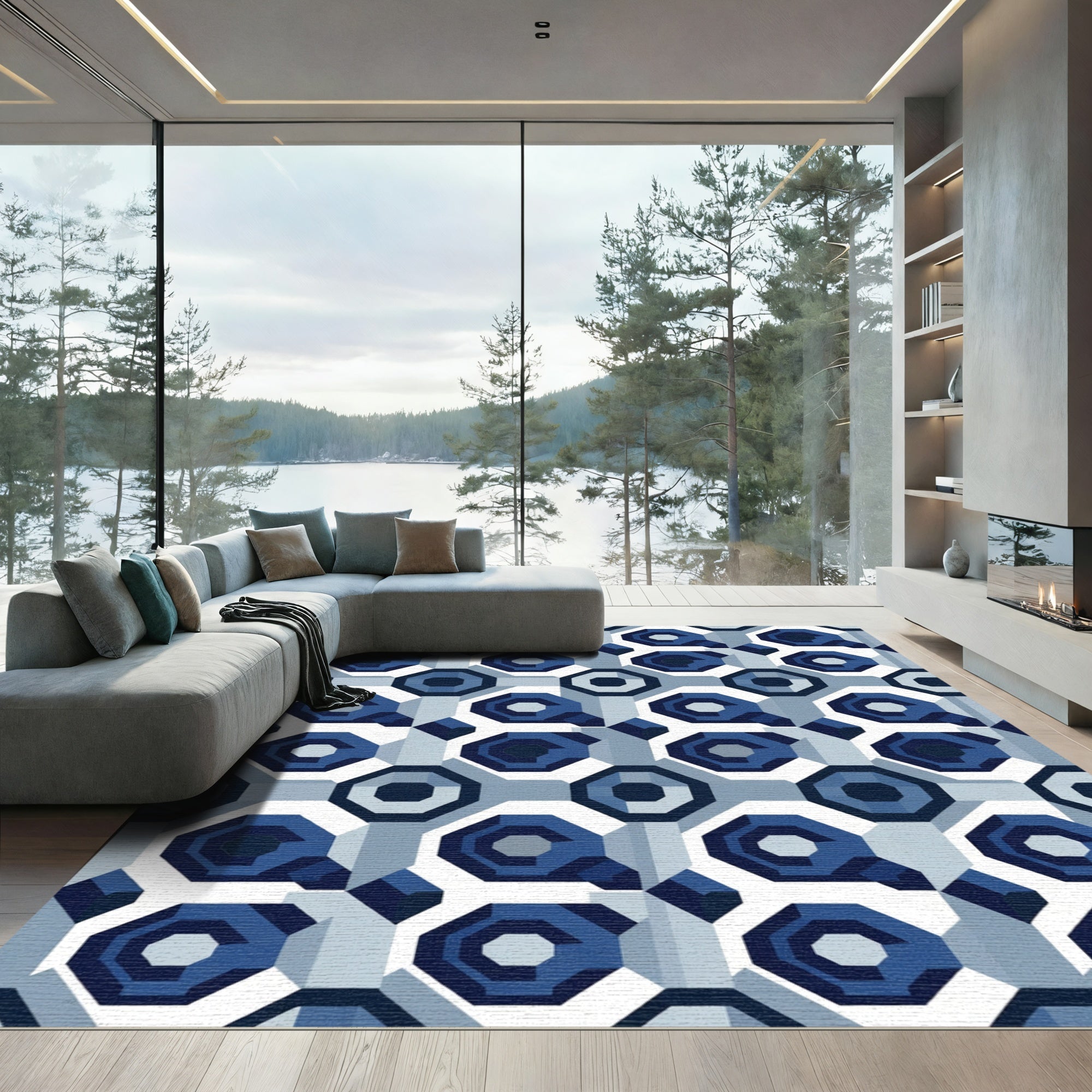 Geometric Octagon Mosaic Blue Rug